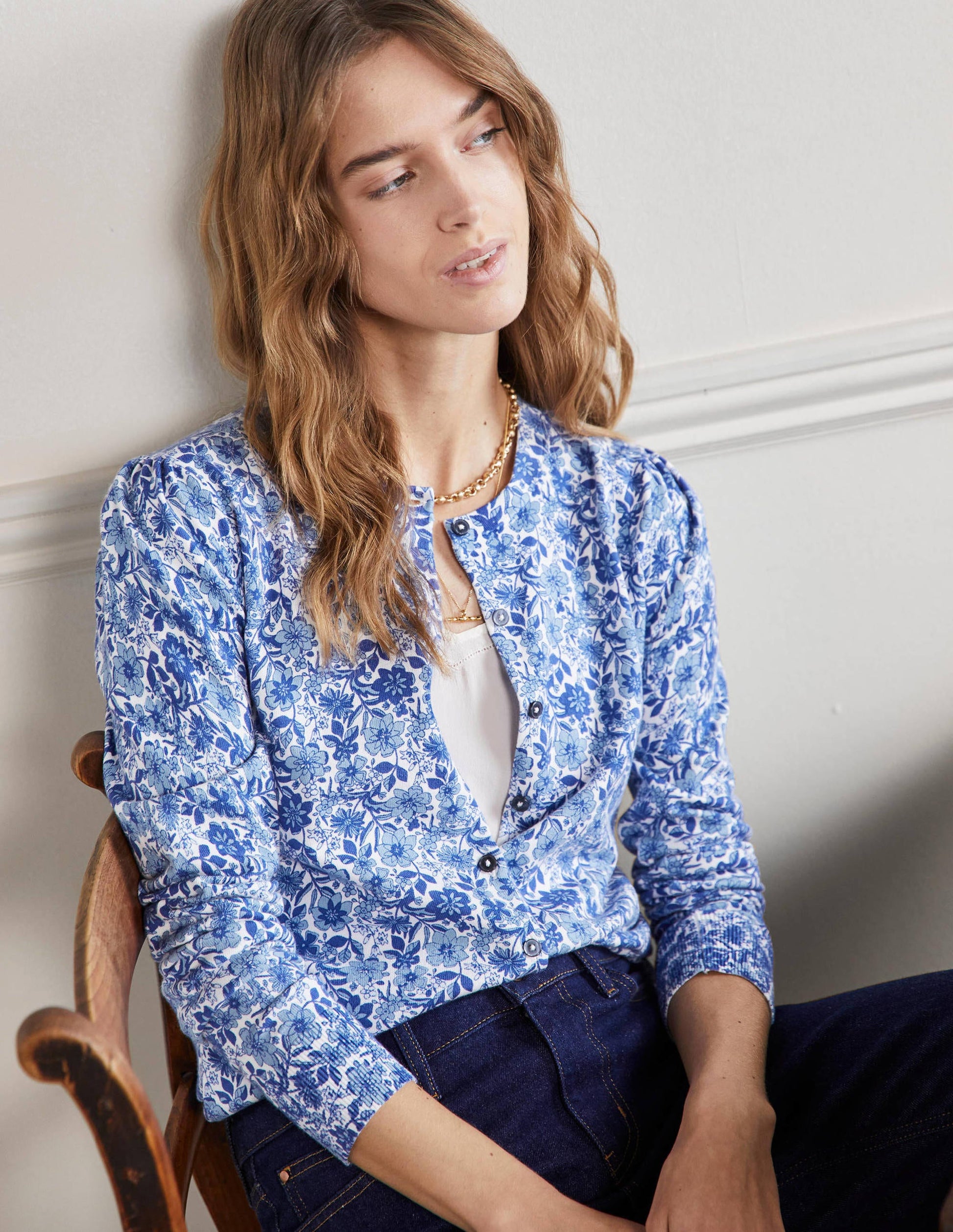 Cotton Crew Neck Cardigan-Dawn Sky, Floret Bloom-1