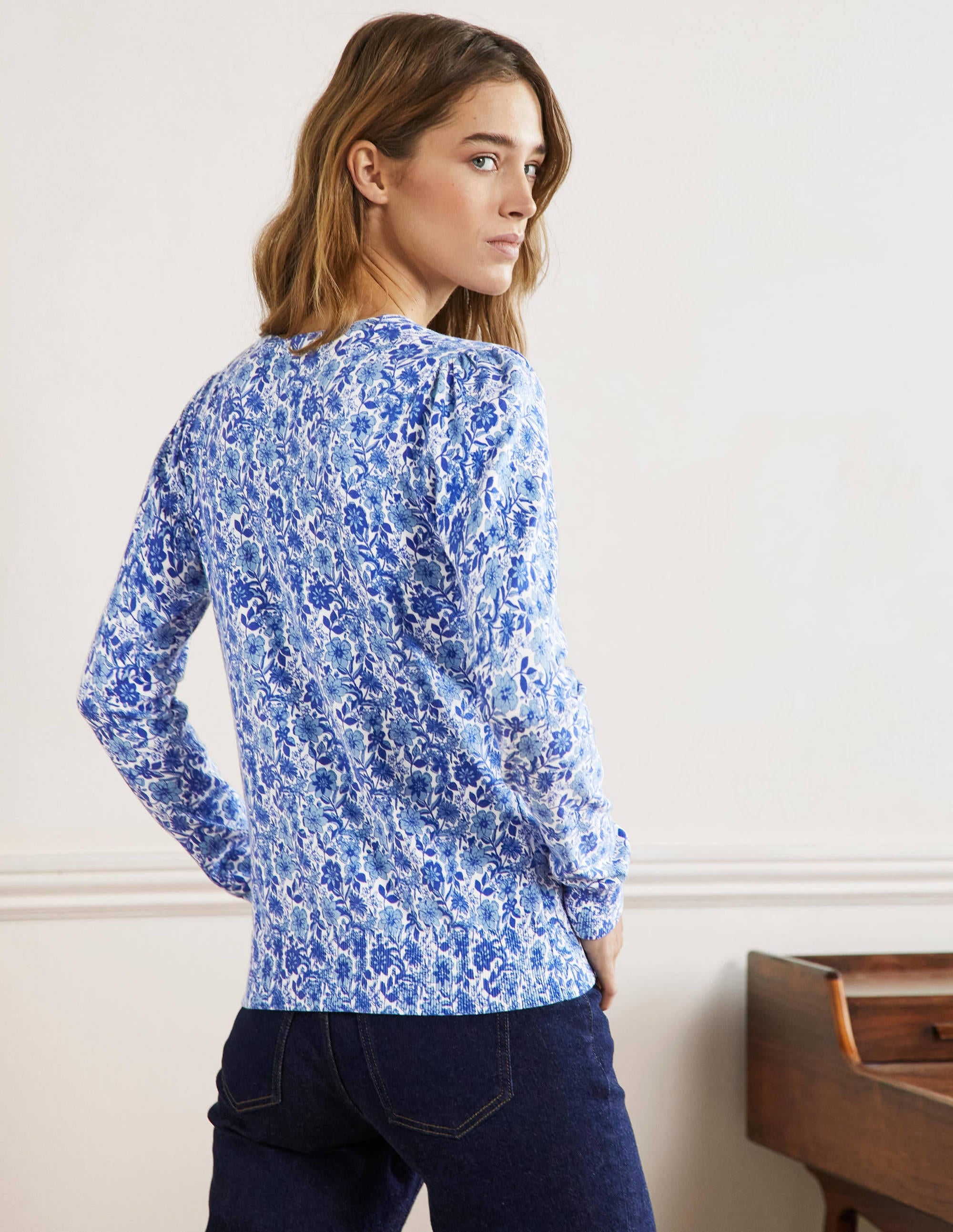 Cotton Crew Neck Cardigan-Dawn Sky, Floret Bloom - Image 3