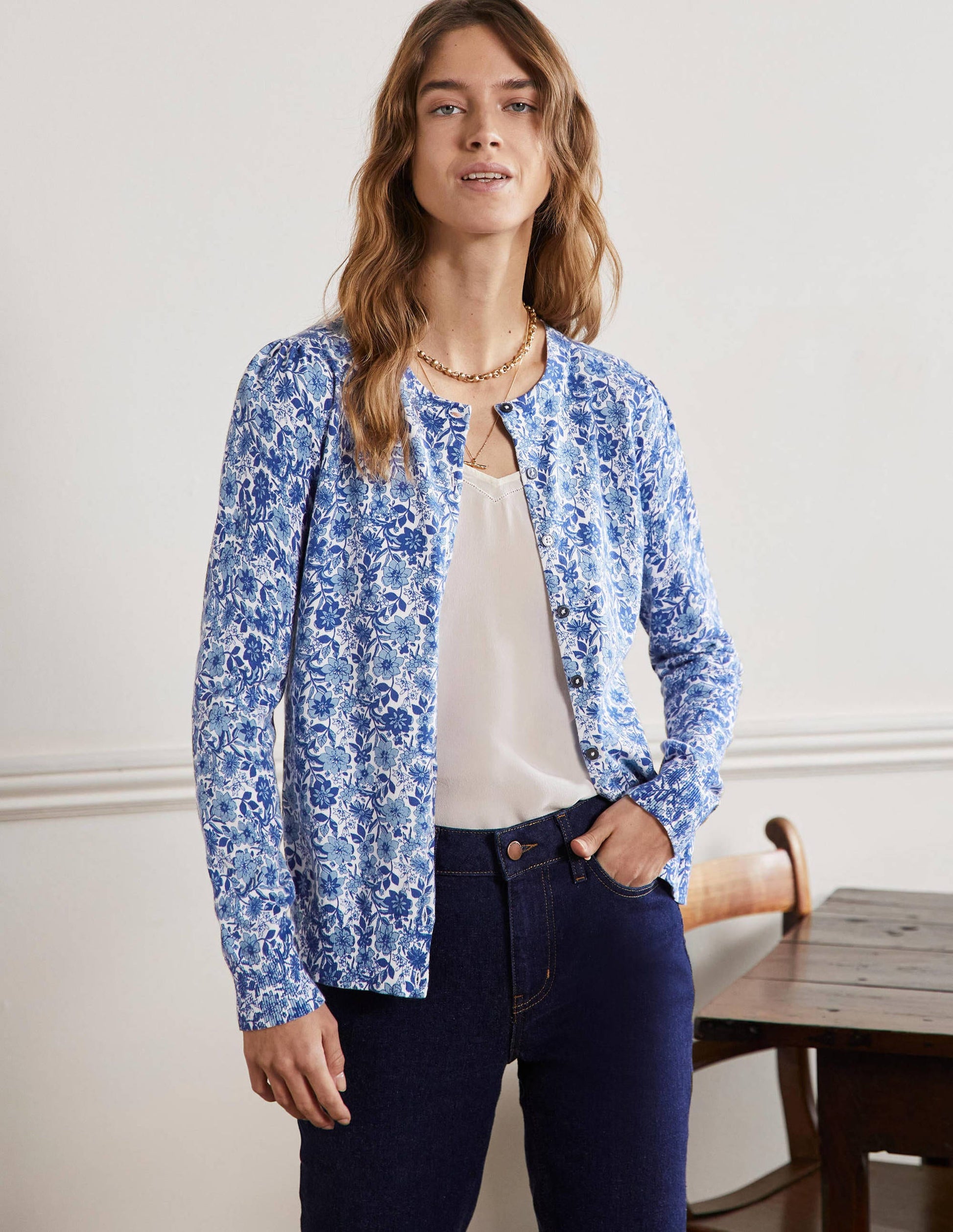 Cotton Crew Neck Cardigan-Dawn Sky, Floret Bloom-4