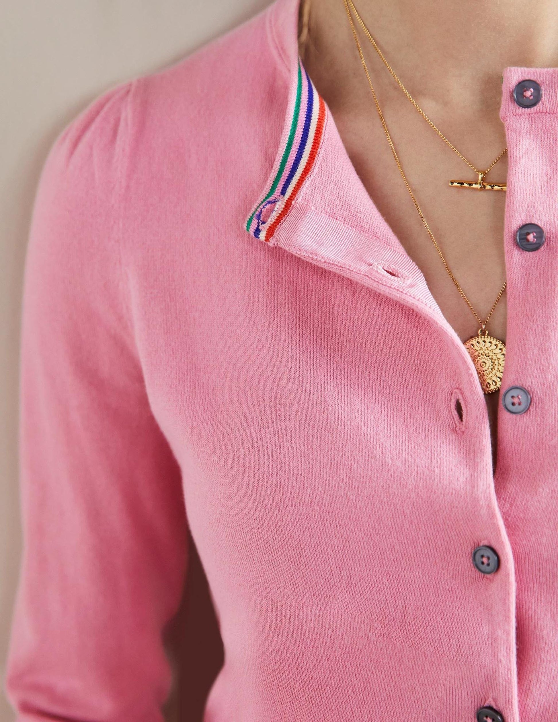 Cotton Crew Neck Cardigan-Posy Pink-2