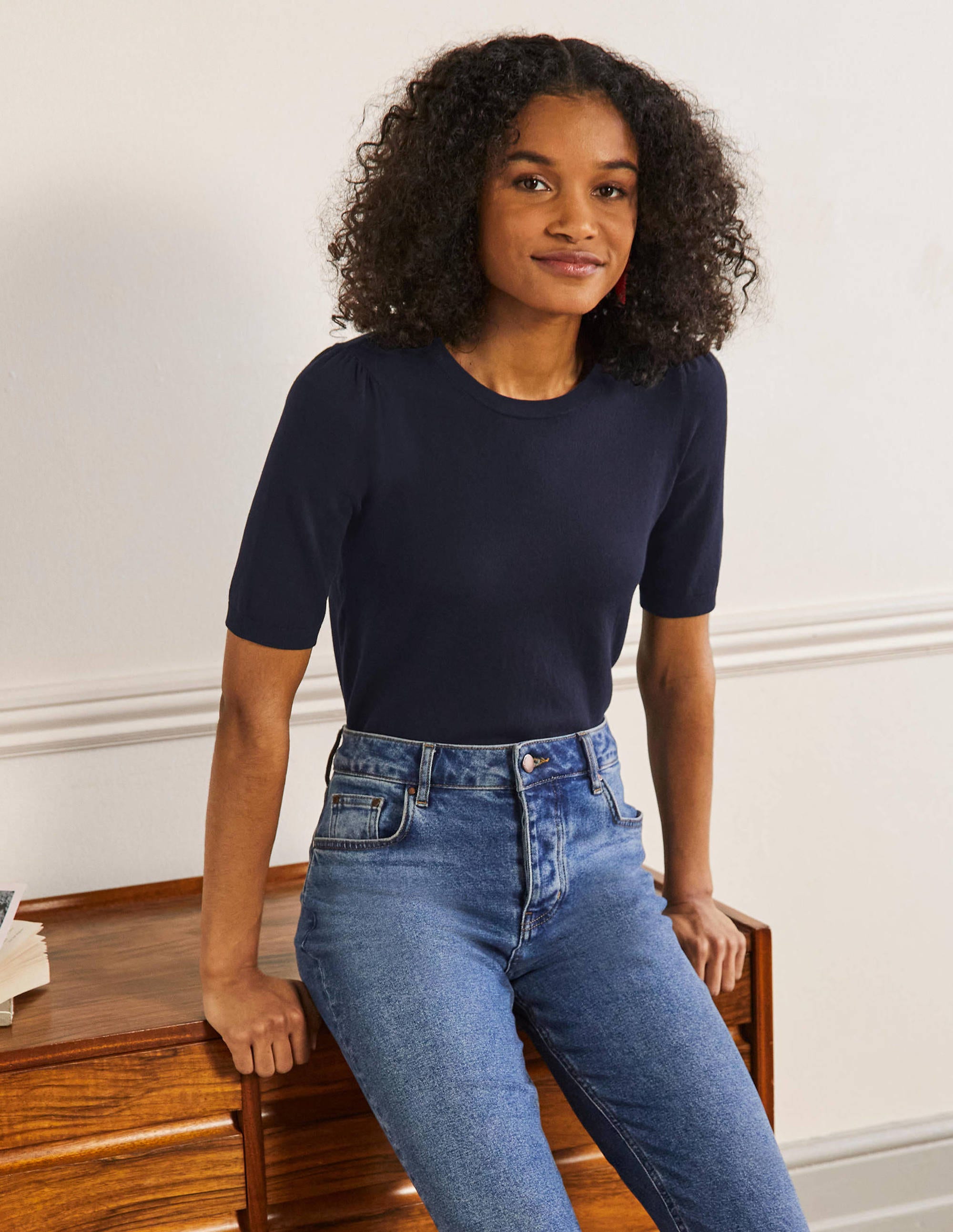 Cotton Crew Knitted Top-Navy - Image 1
