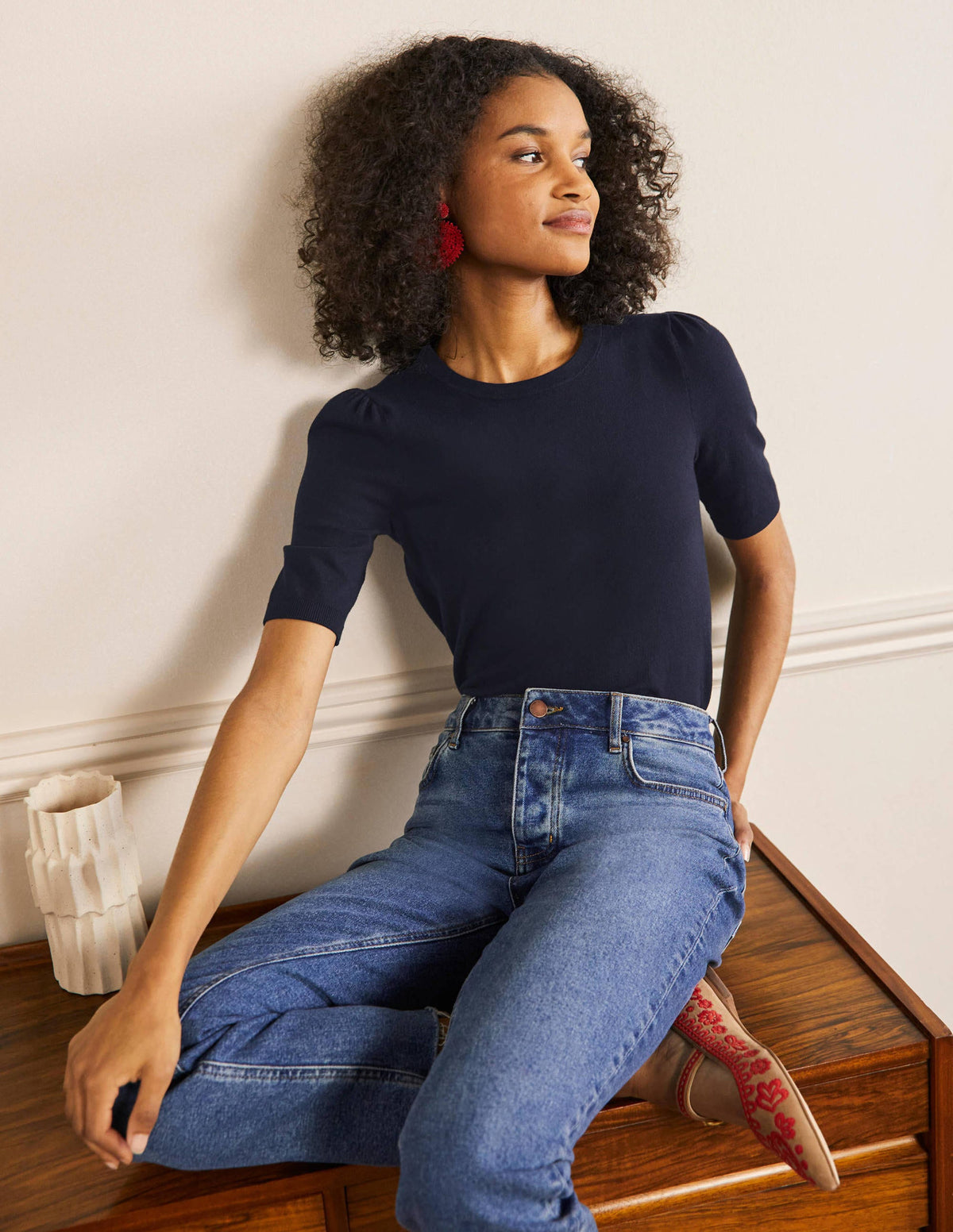 Cotton Crew Knitted Top-Navy - Image 4