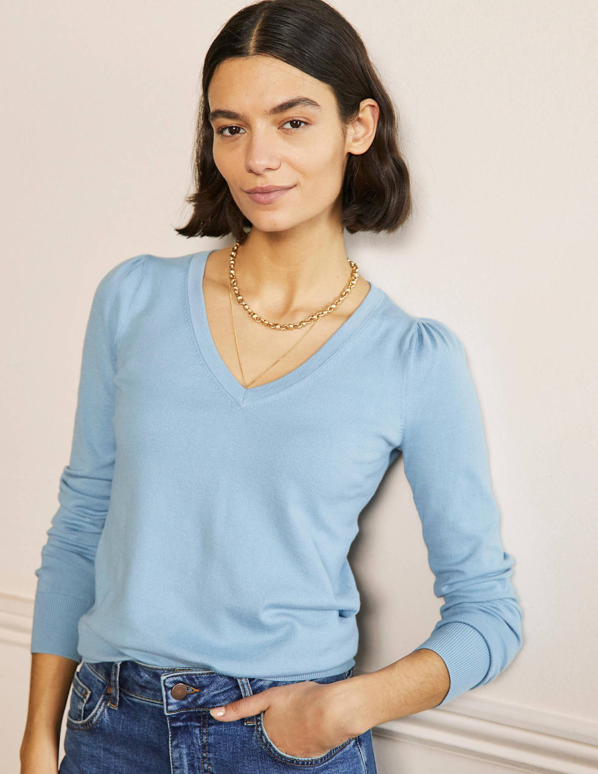 Cotton V-Neck Jumper-Dusty Blue - Image 1