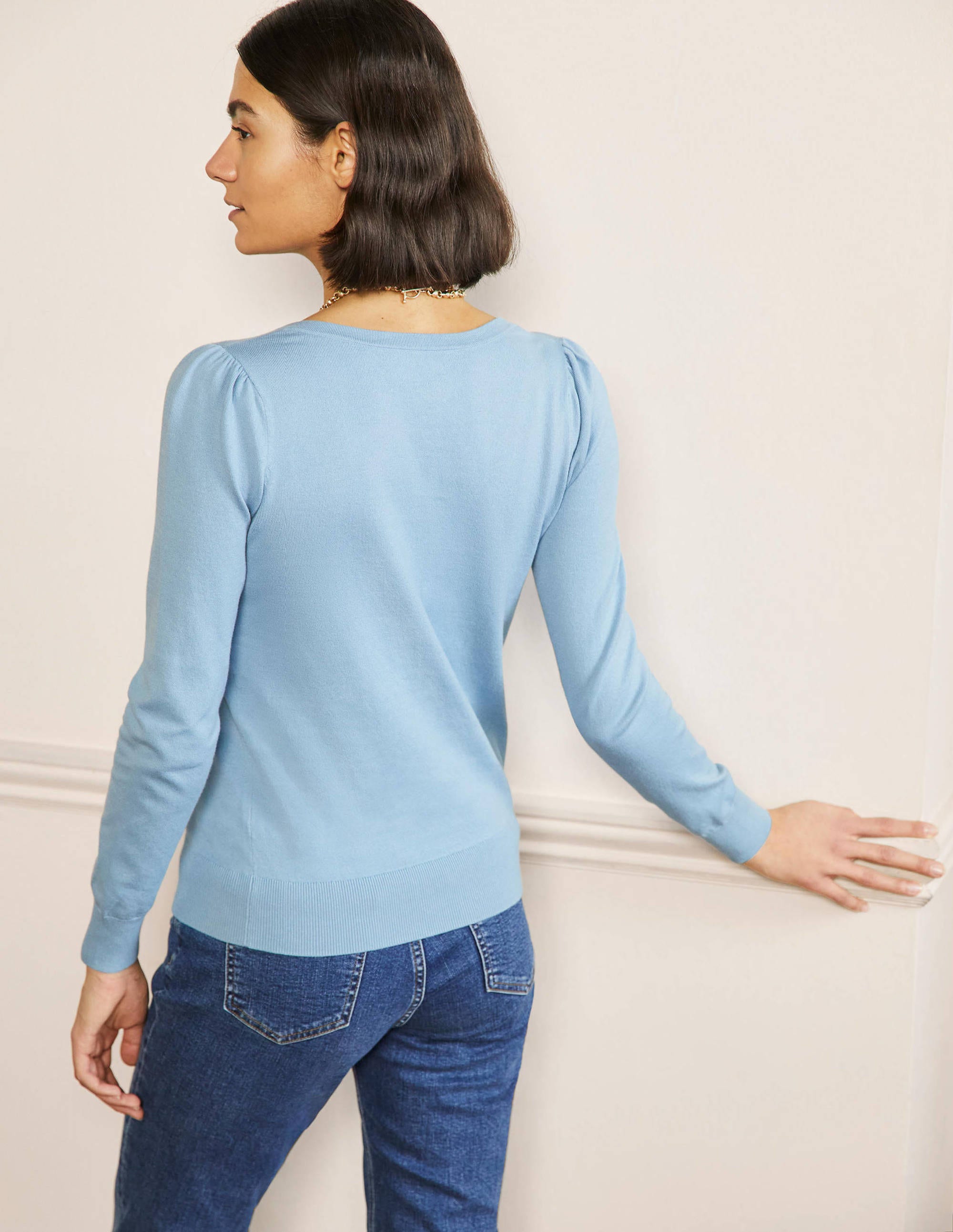 Cotton V-Neck Jumper-Dusty Blue - Image 3