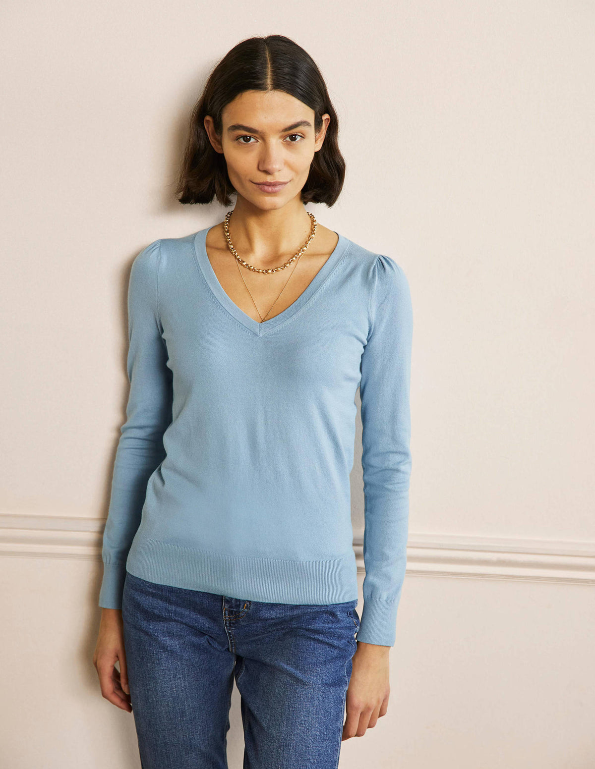Cotton V-Neck Jumper-Dusty Blue - Image 4