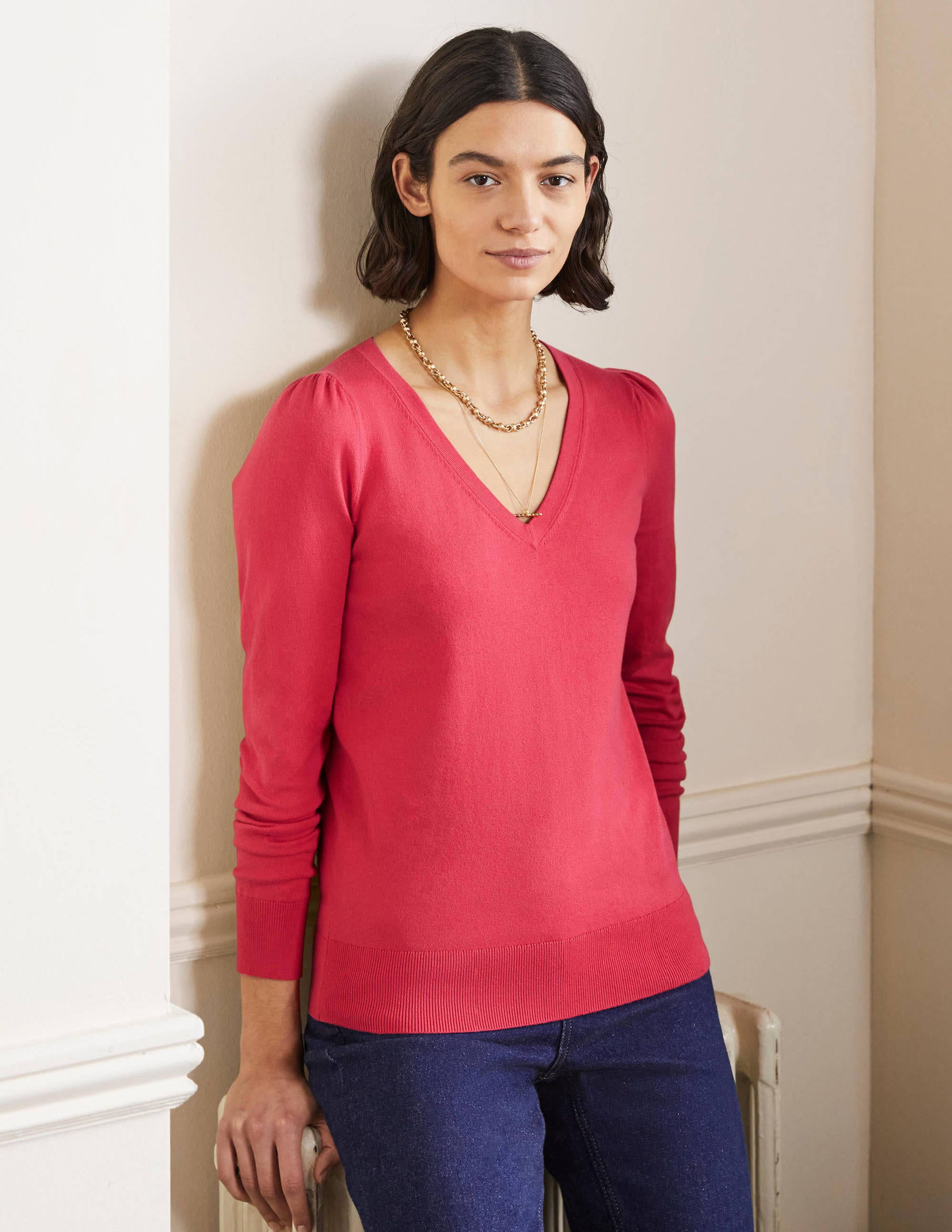 Cotton V-Neck Jumper-Radish - Image 4