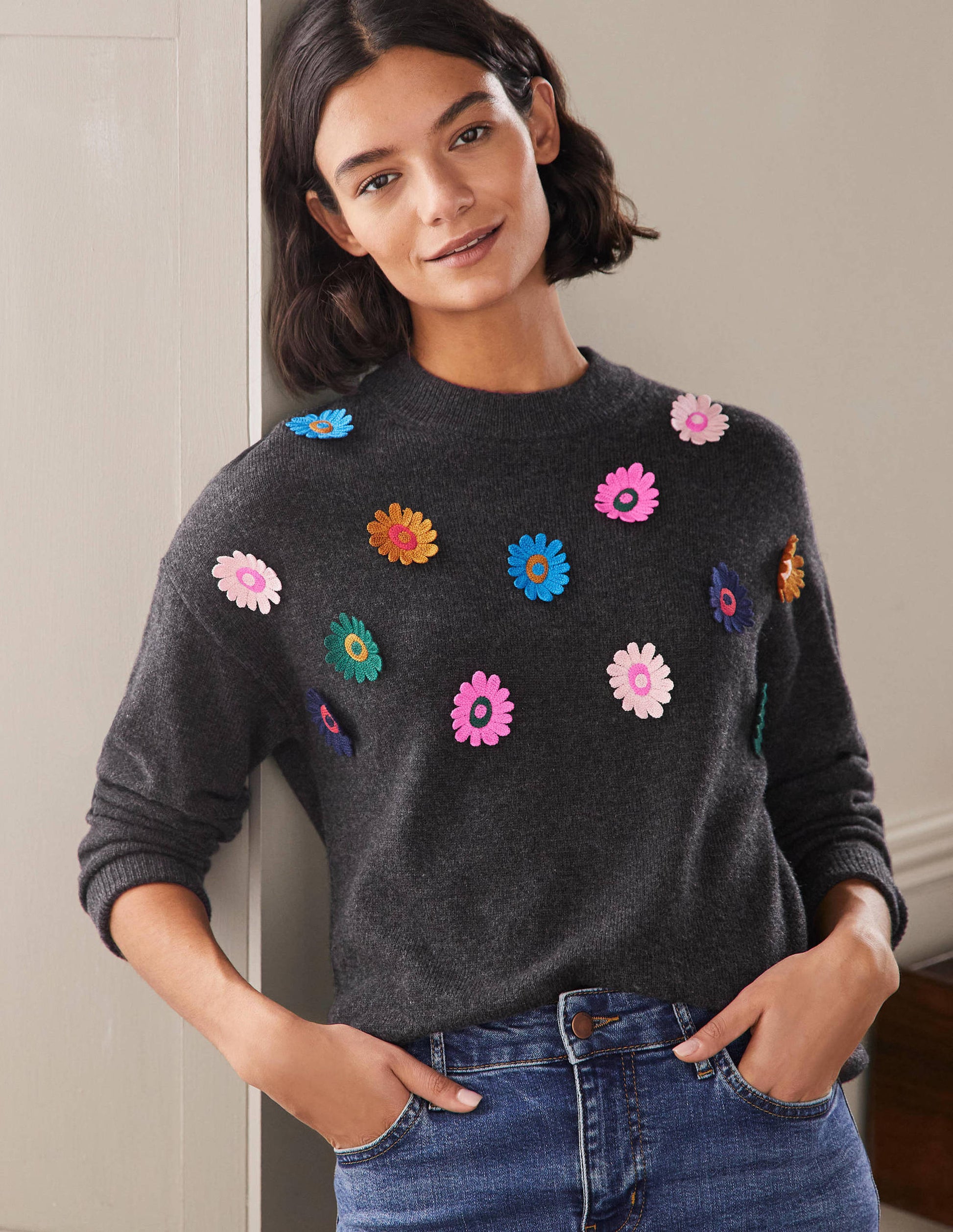 Relaxed Embroidered Jumper-Charcoal Melange, Sunflower-1