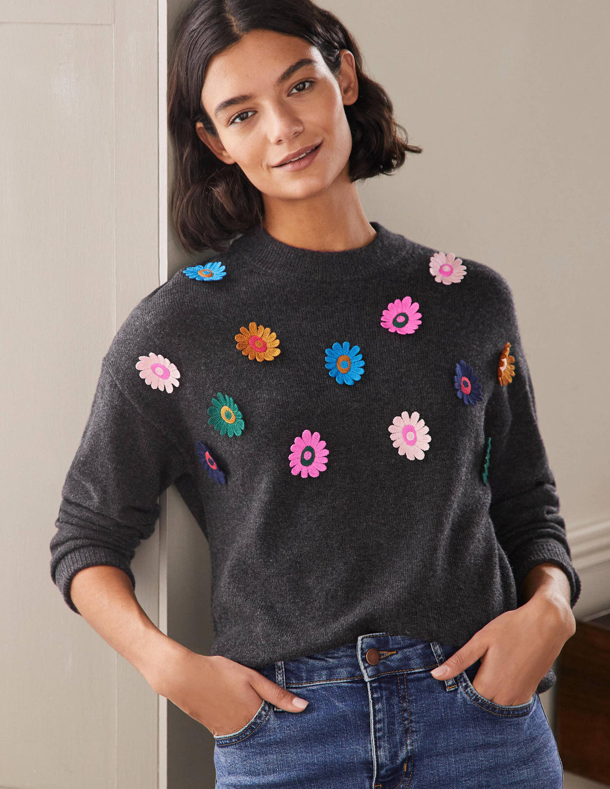 Relaxed Embroidered Jumper-Charcoal Melange, Sunflower - Image 1