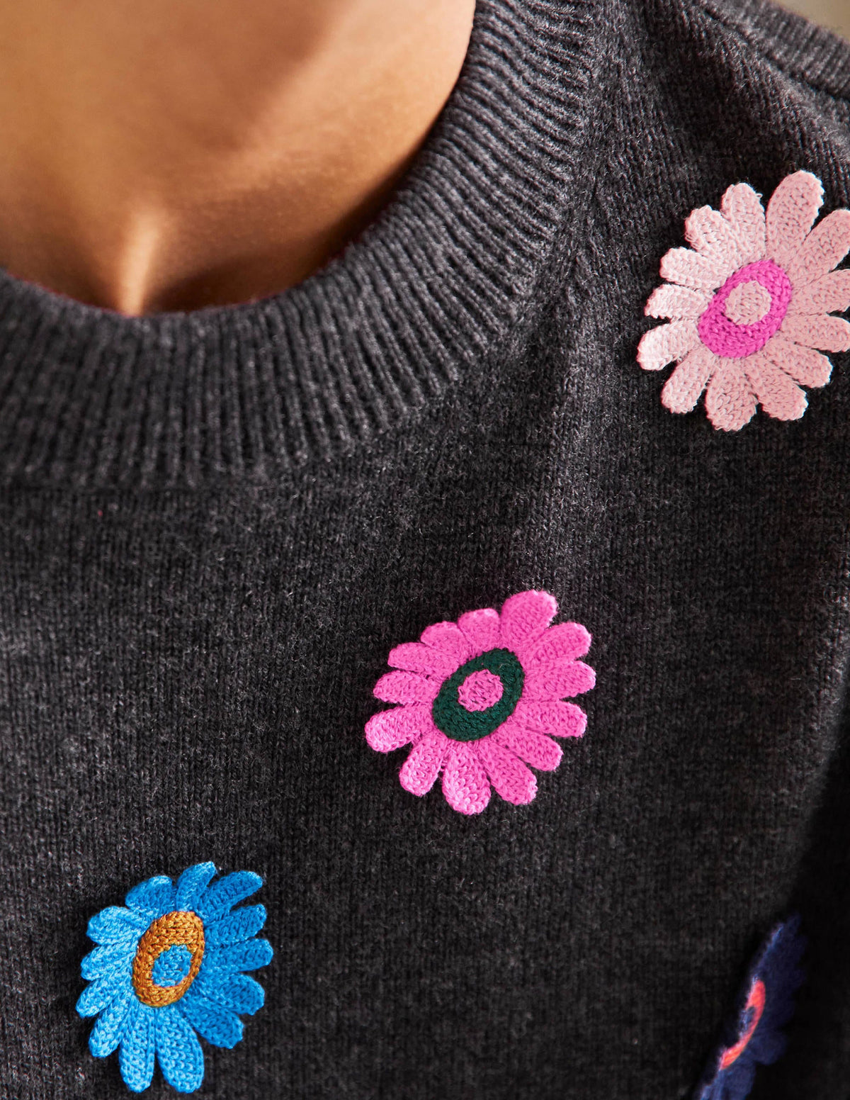 Relaxed Embroidered Jumper-Charcoal Melange, Sunflower-2