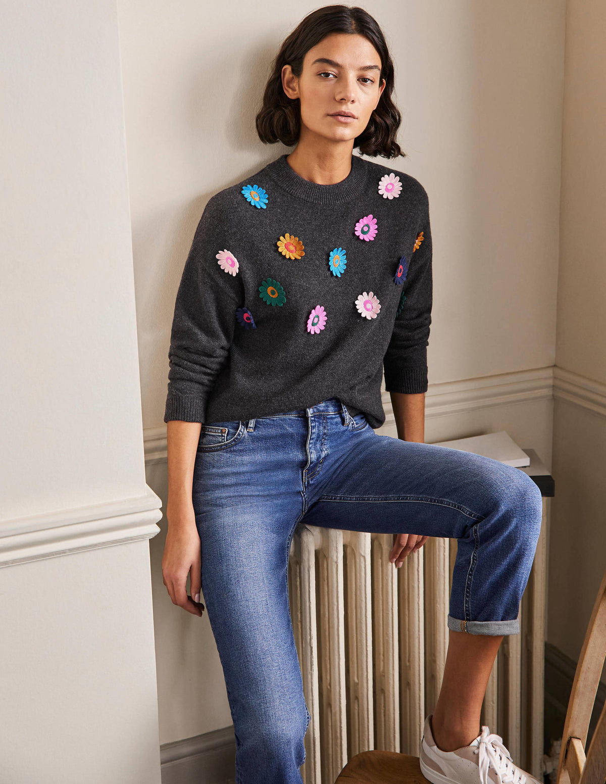 Relaxed Embroidered Jumper-Charcoal Melange, Sunflower - Image 4
