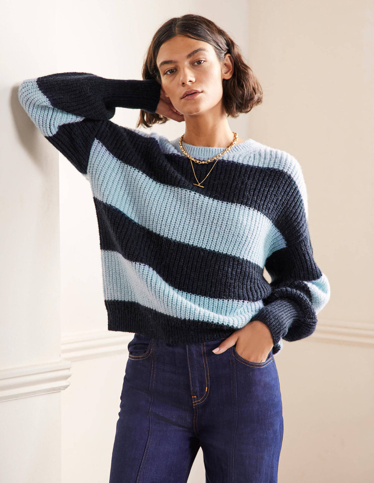 Blouson Cuff Fluffy Jumper-Blue Multistripe - Image 1