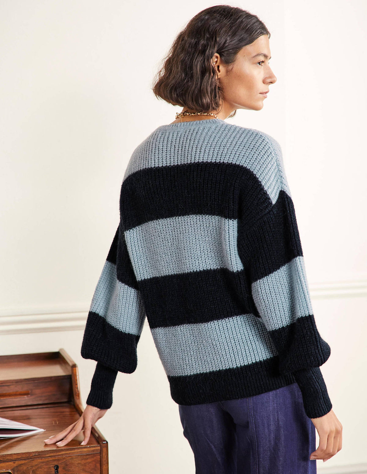 Blouson Cuff Fluffy Jumper-Blue Multistripe-3