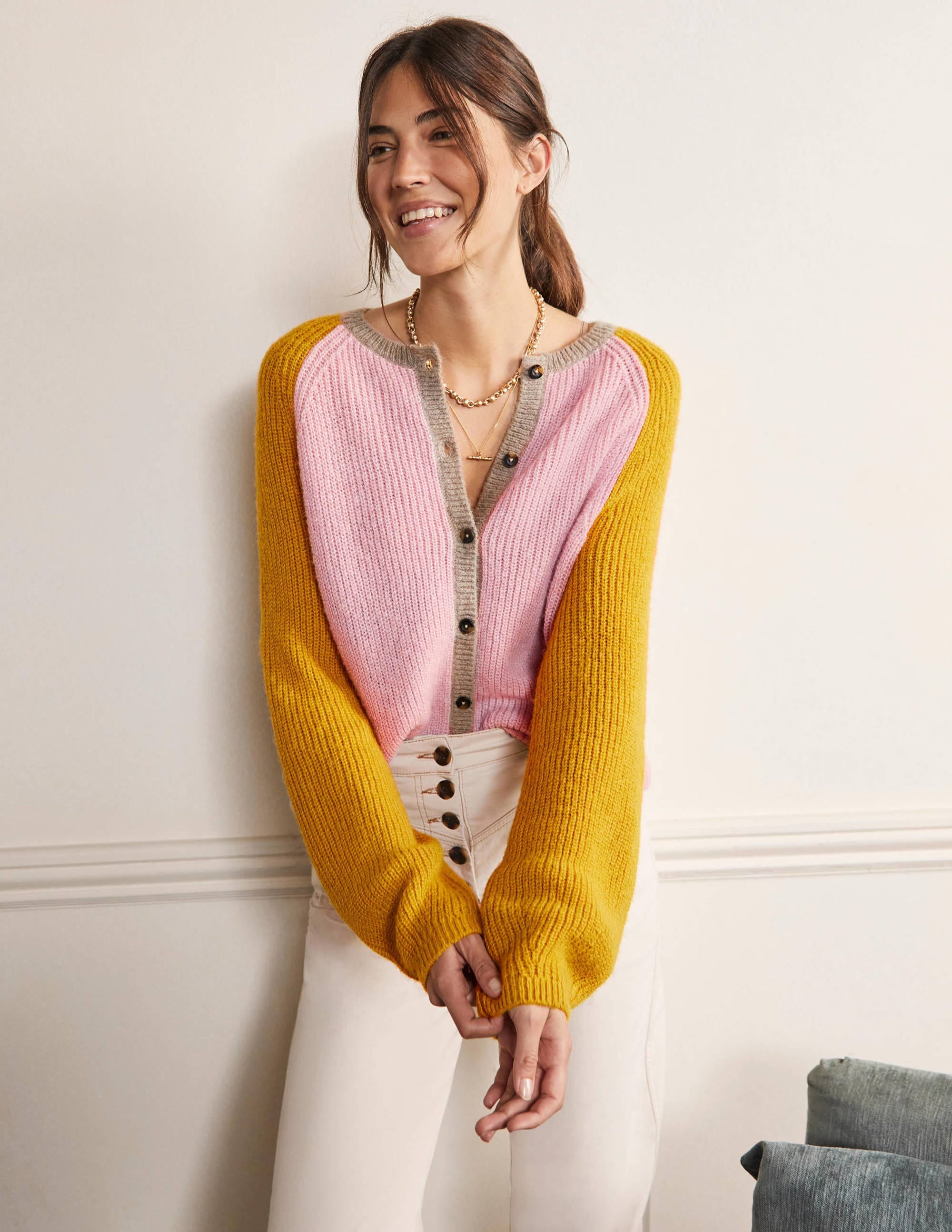 Fluffy Colourblock Cardigan-Milkshake, Olive Oil - Image 1