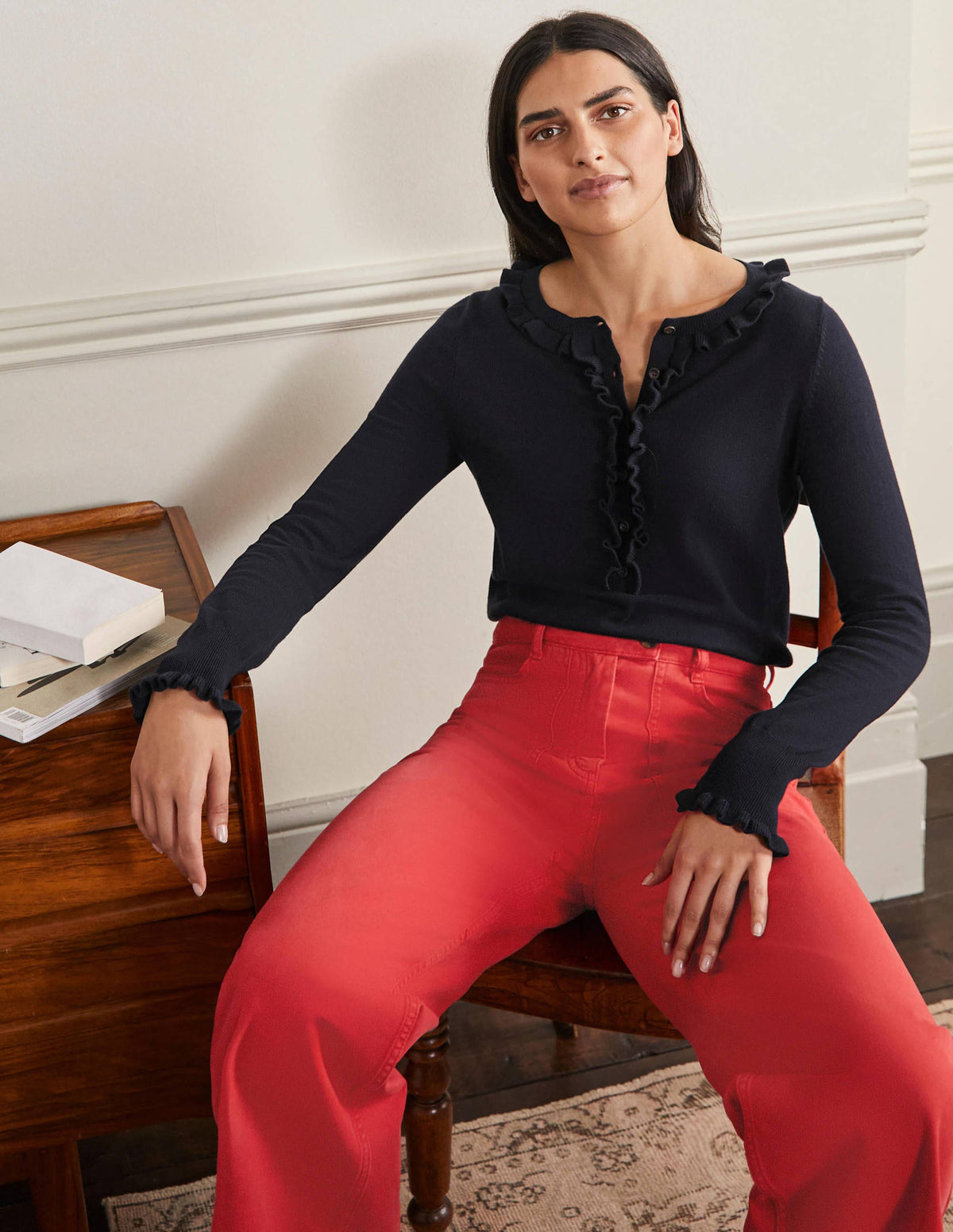 Frill Detail Henley Jumper-Navy - Image 4