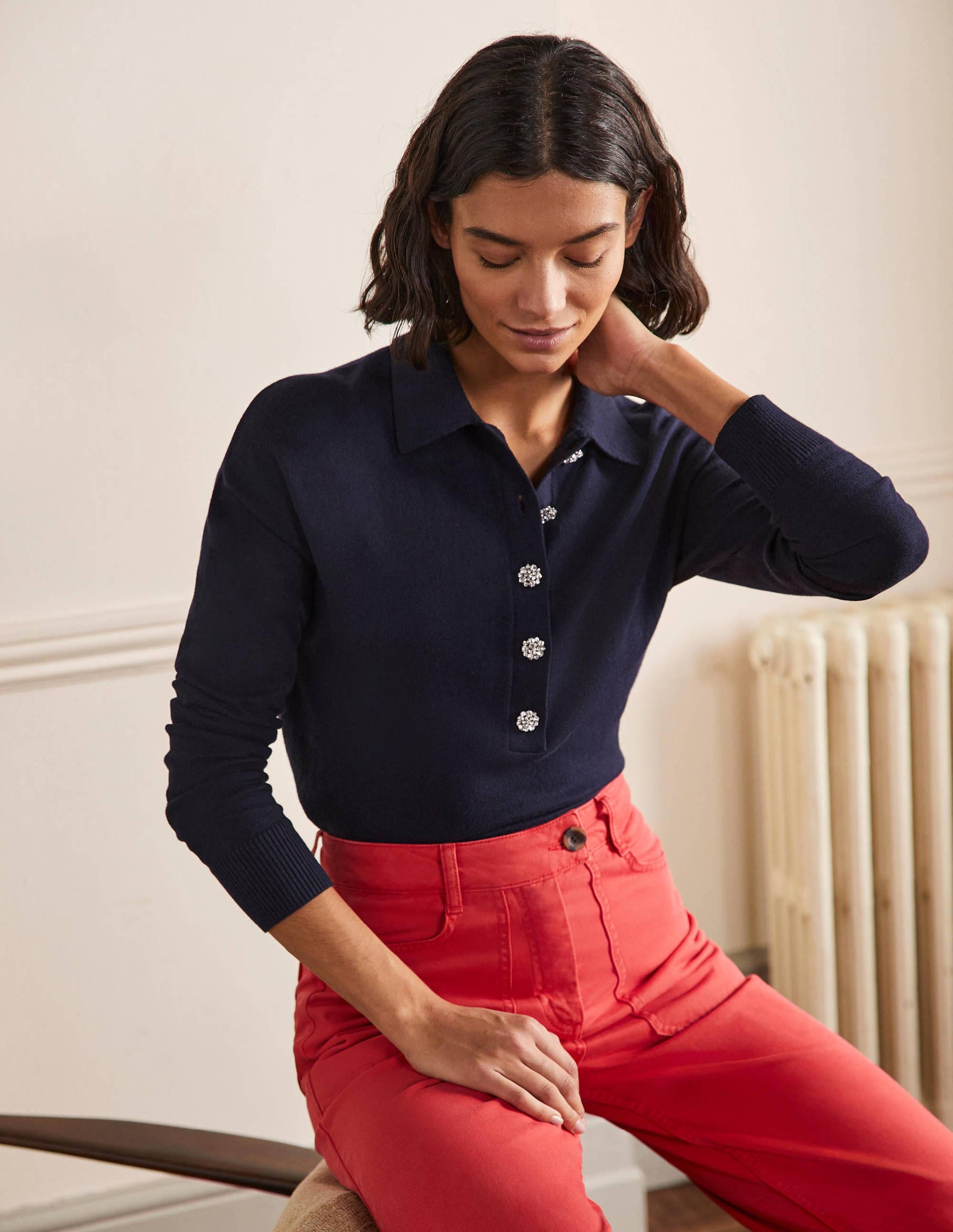 Jewelled Button Rugby Jumper-Navy-1