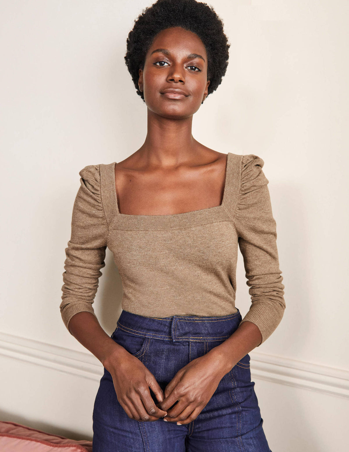Square Neck Puff Sleeve Jumper-Dark Mink Melange-1