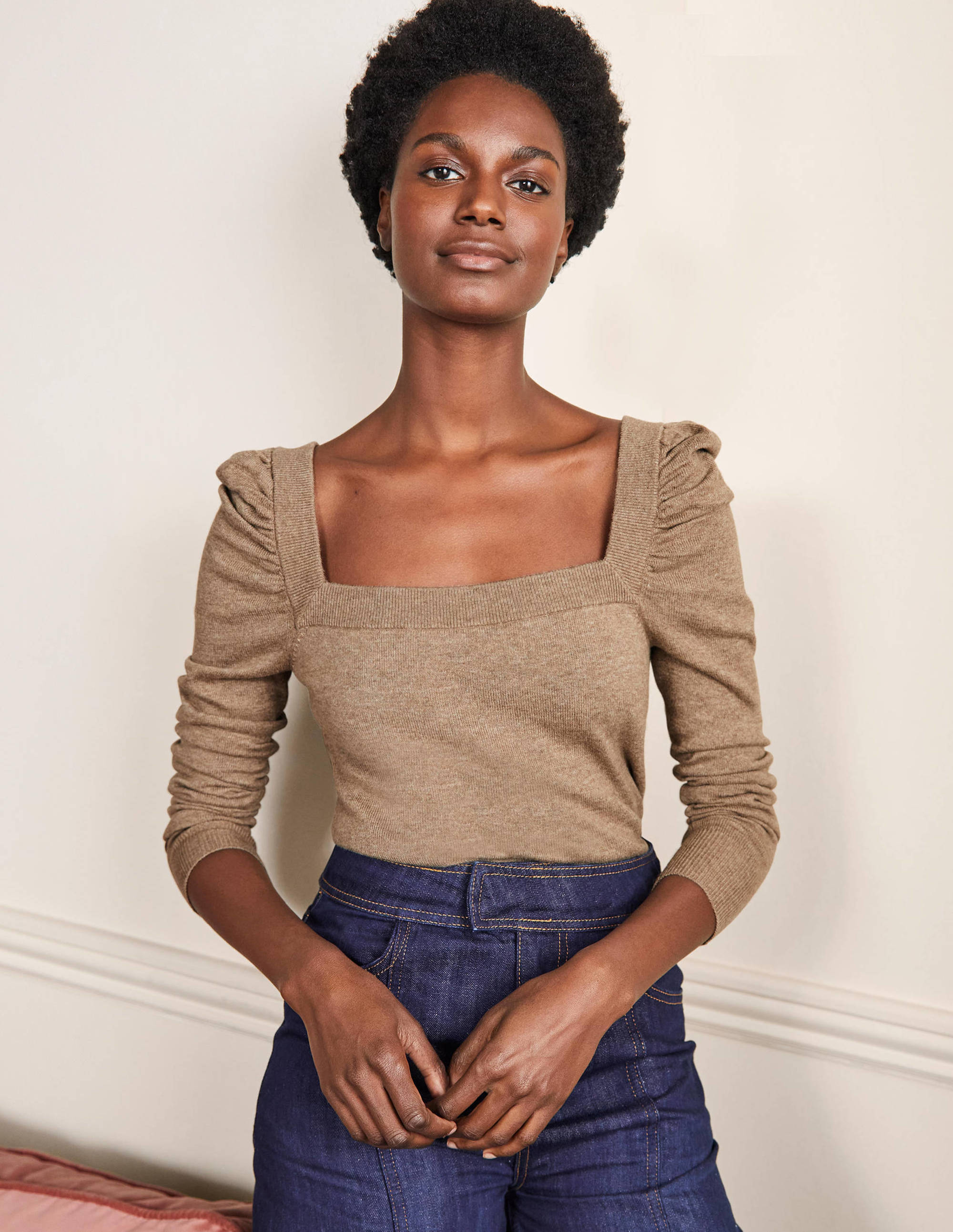Square Neck Puff Sleeve Jumper-Dark Mink Melange - Image 1