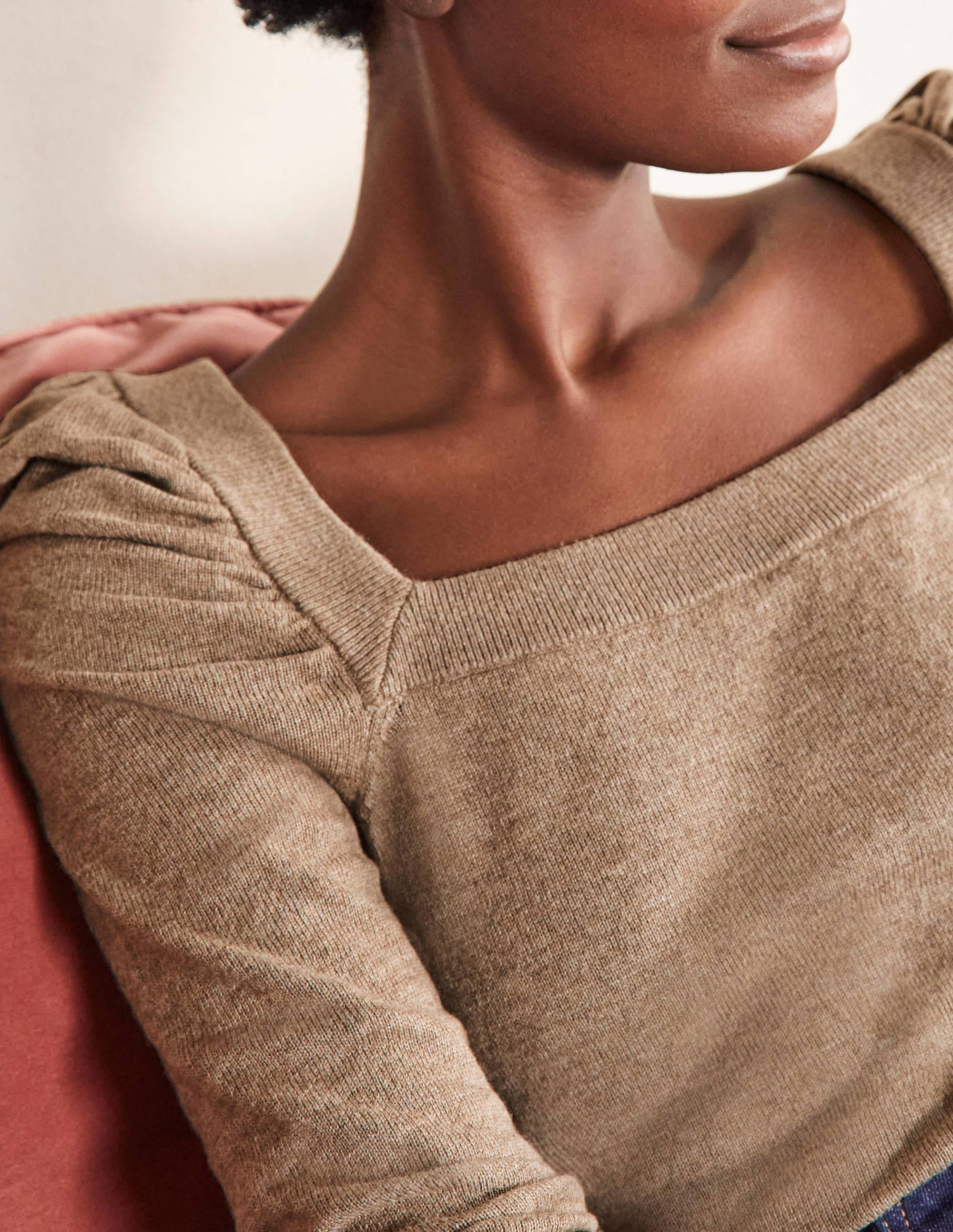 Square Neck Puff Sleeve Jumper-Dark Mink Melange - Image 2