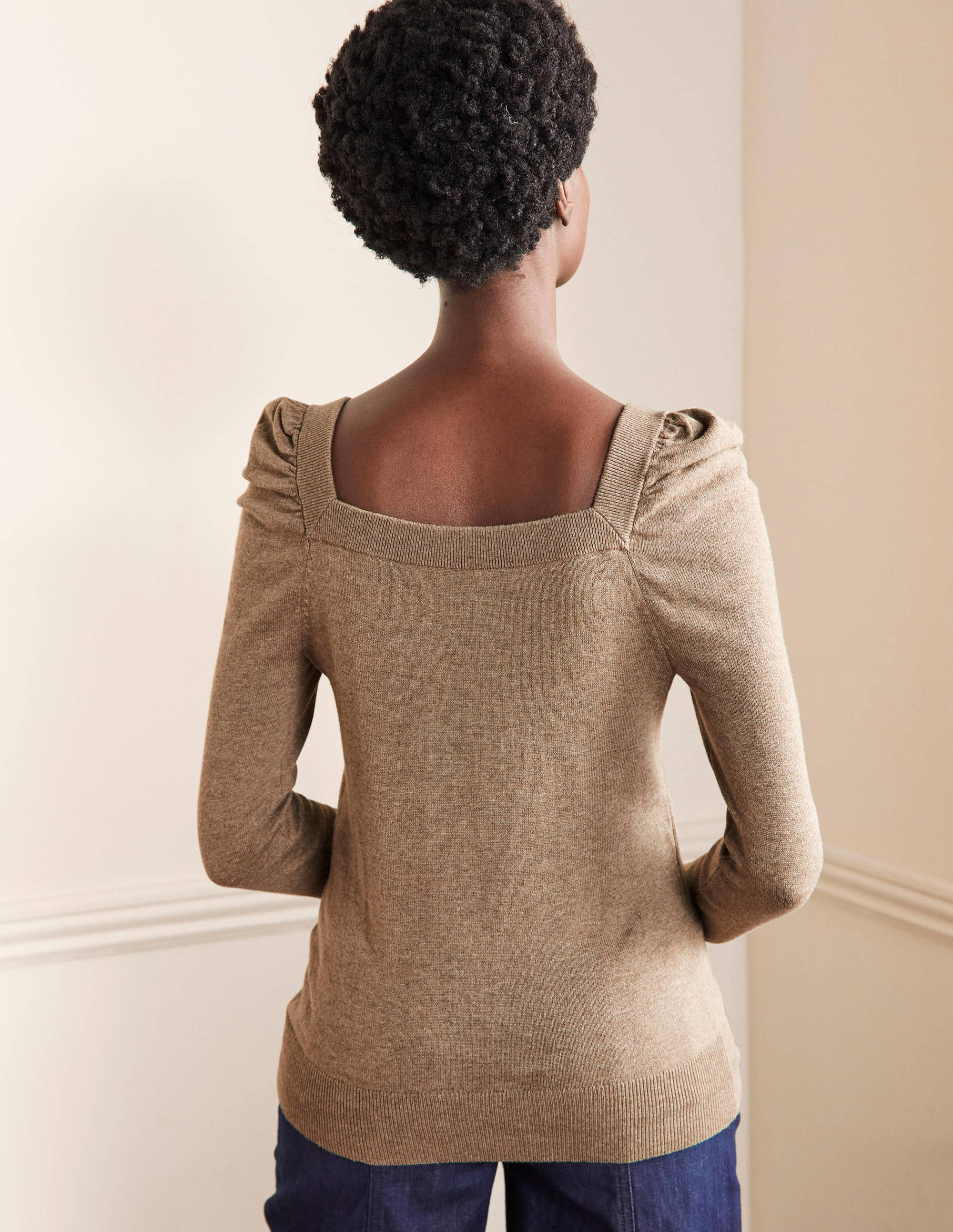 Square Neck Puff Sleeve Jumper-Dark Mink Melange - Image 3