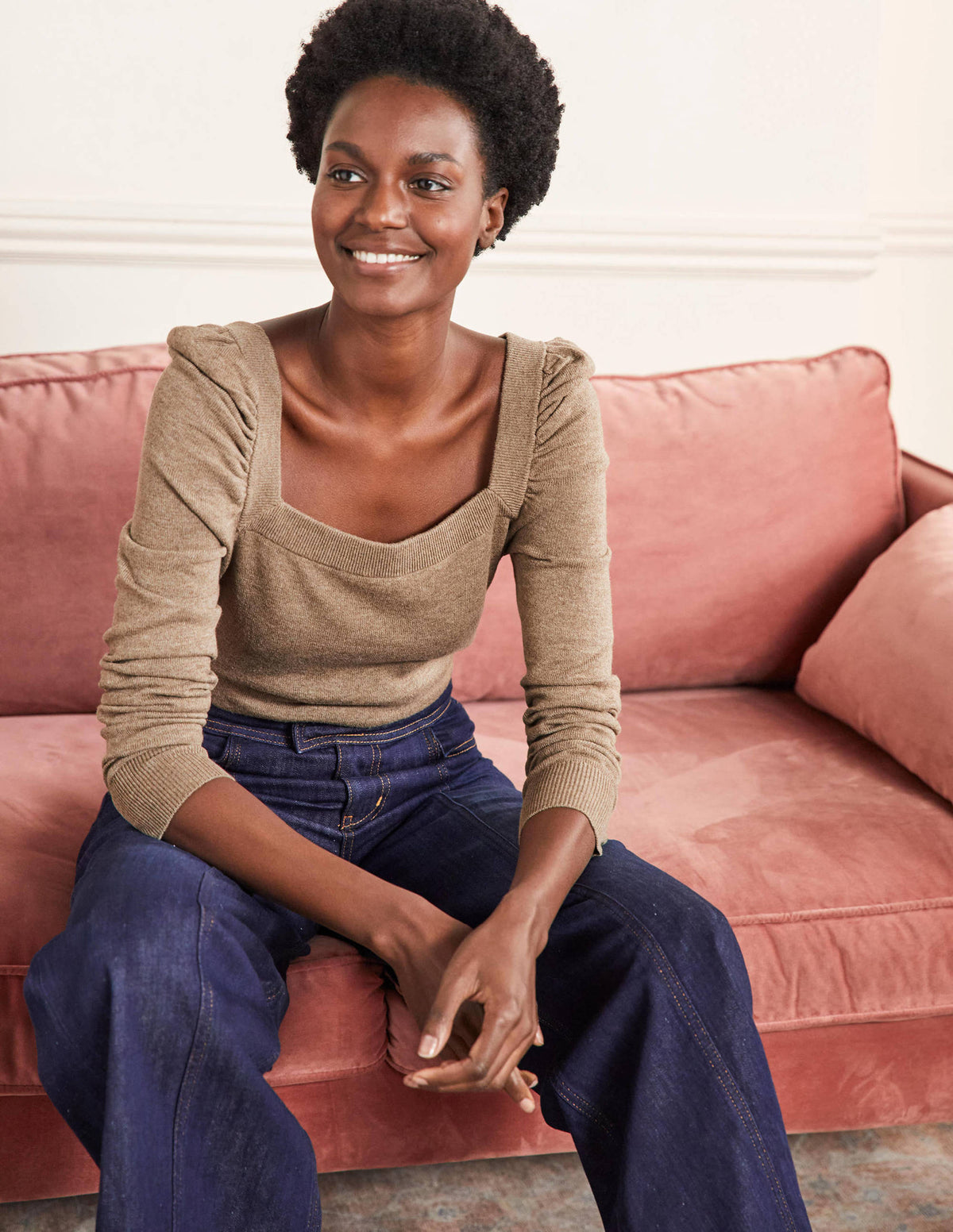 Square Neck Puff Sleeve Jumper-Dark Mink Melange - Image 4