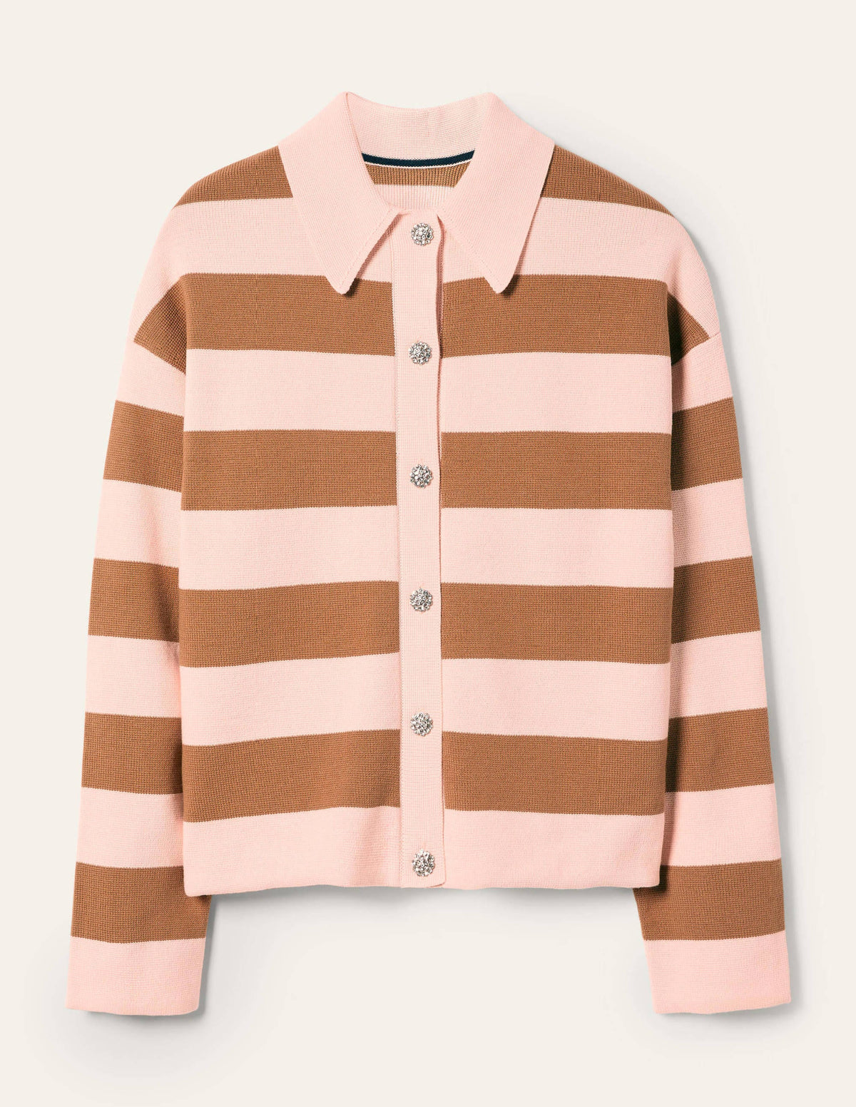 Jewel Button Collared Cardigan-Milkshake, Camel Stripe - Image 5
