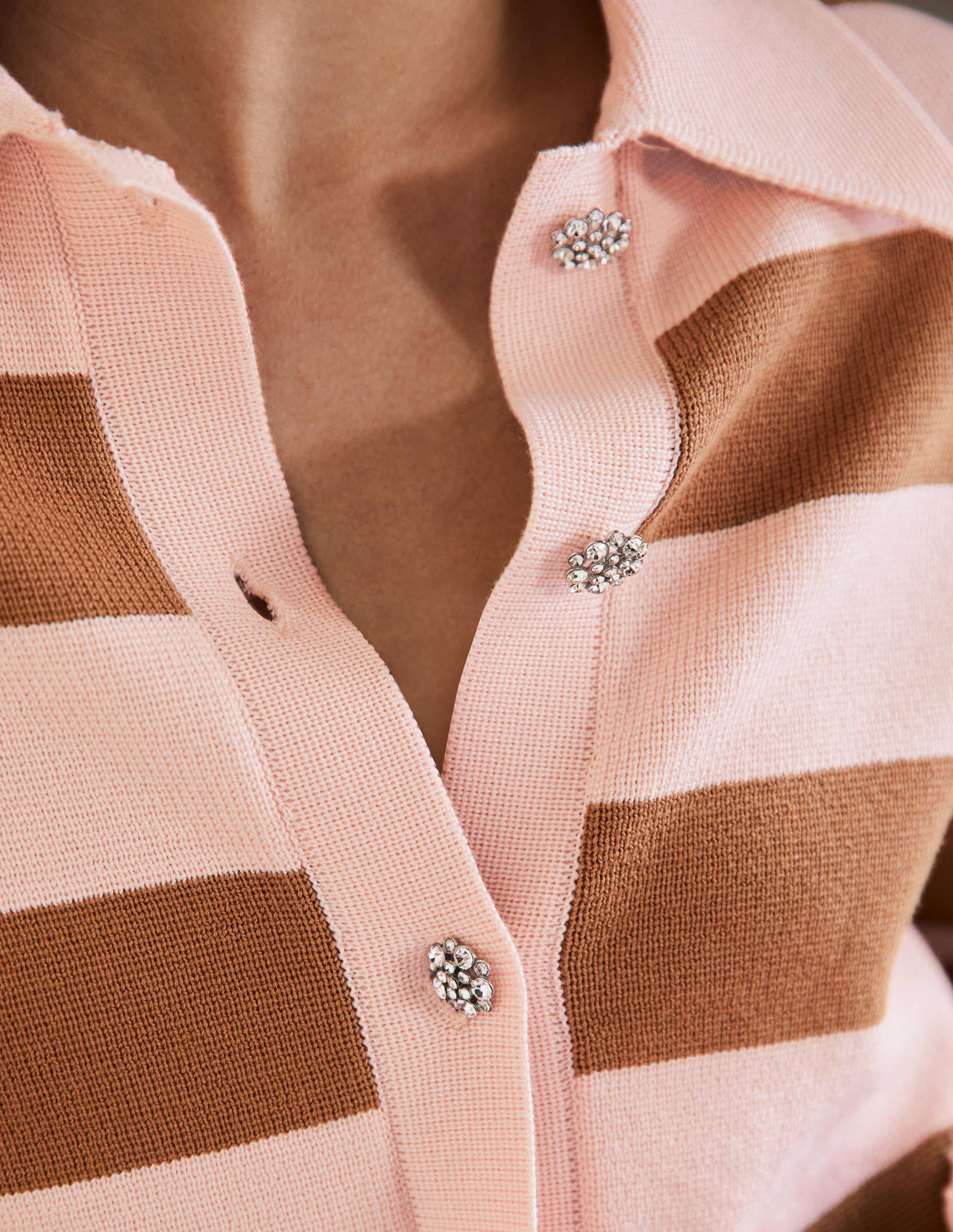 Jewel Button Collared Cardigan-Milkshake, Camel Stripe - Image 2