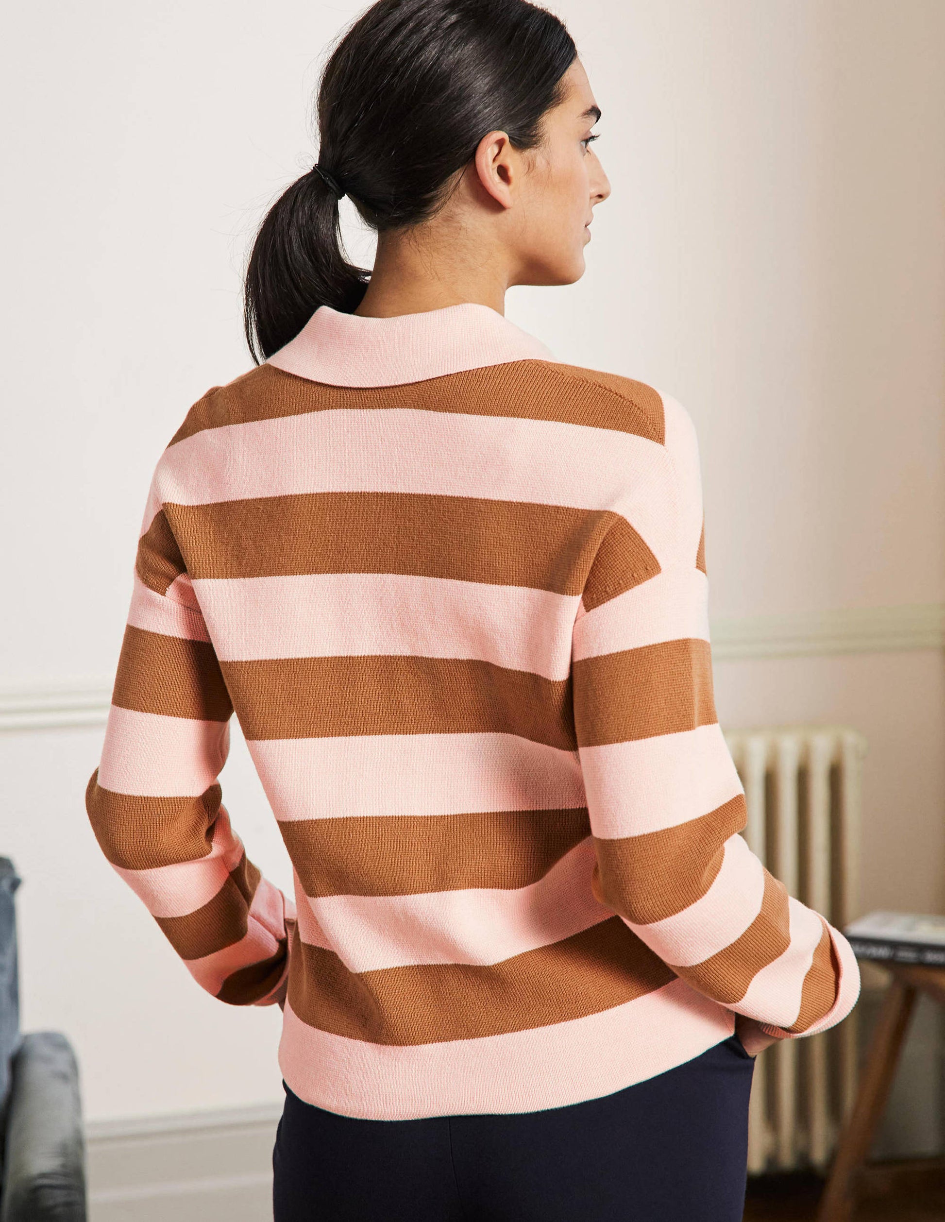 Jewel Button Collared Cardigan-Milkshake, Camel Stripe-3
