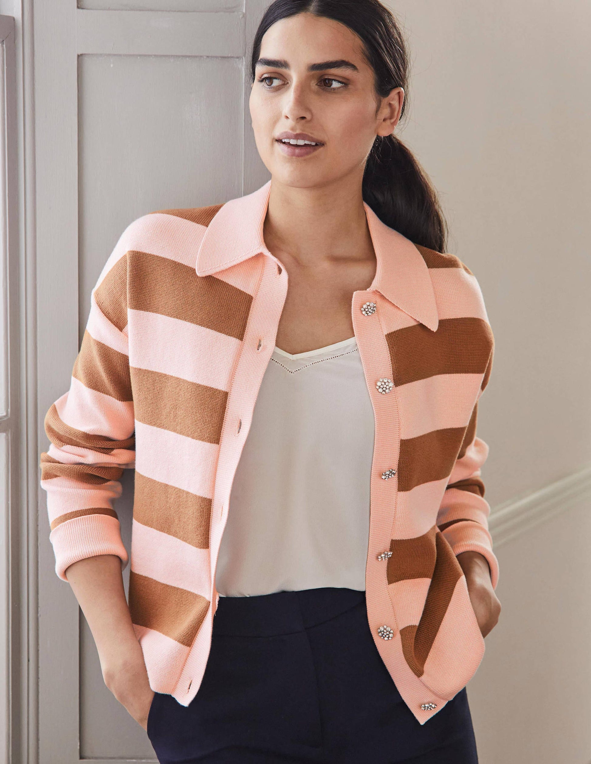 Jewel Button Collared Cardigan-Milkshake, Camel Stripe-4