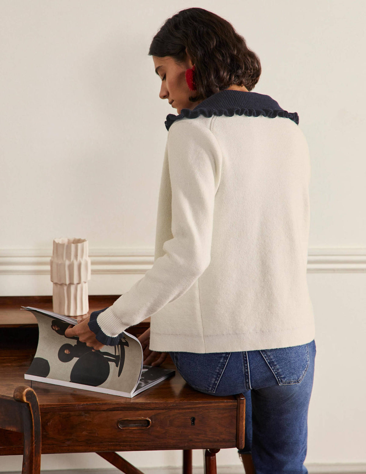 Frill Collared Cardigan-Ivory/Navy-3