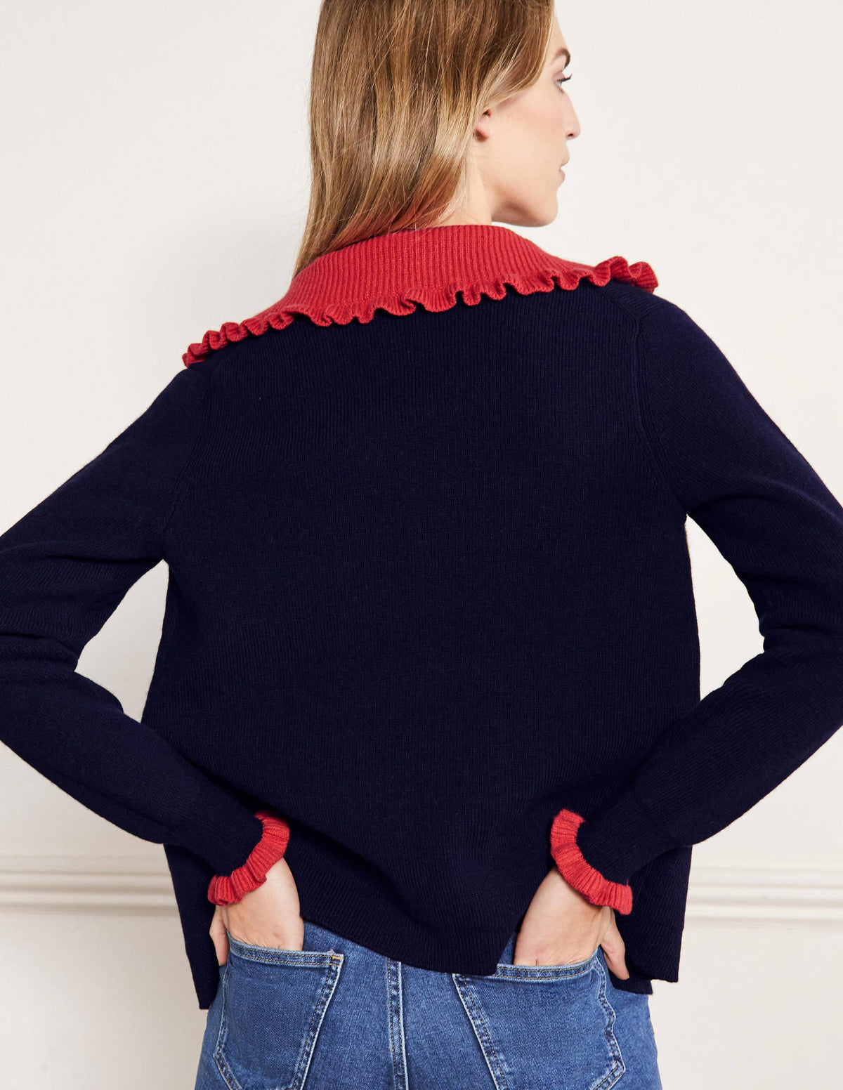 Frill Collared Cardigan-Navy/Bright Poppy-3