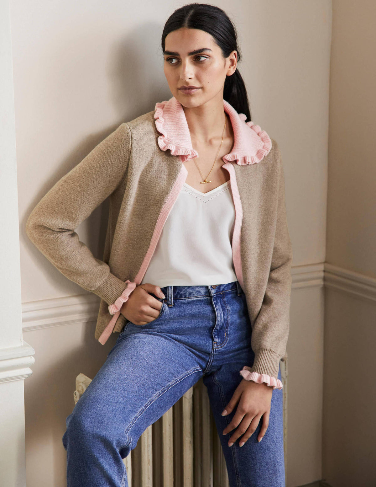 Frill Collared Cardigan-Dark Mink Melange/Milkshake-1