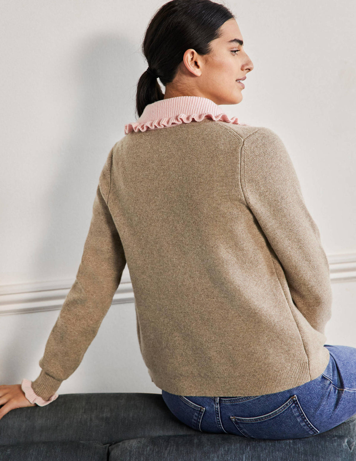 Frill Collared Cardigan-Dark Mink Melange/Milkshake - Image 3