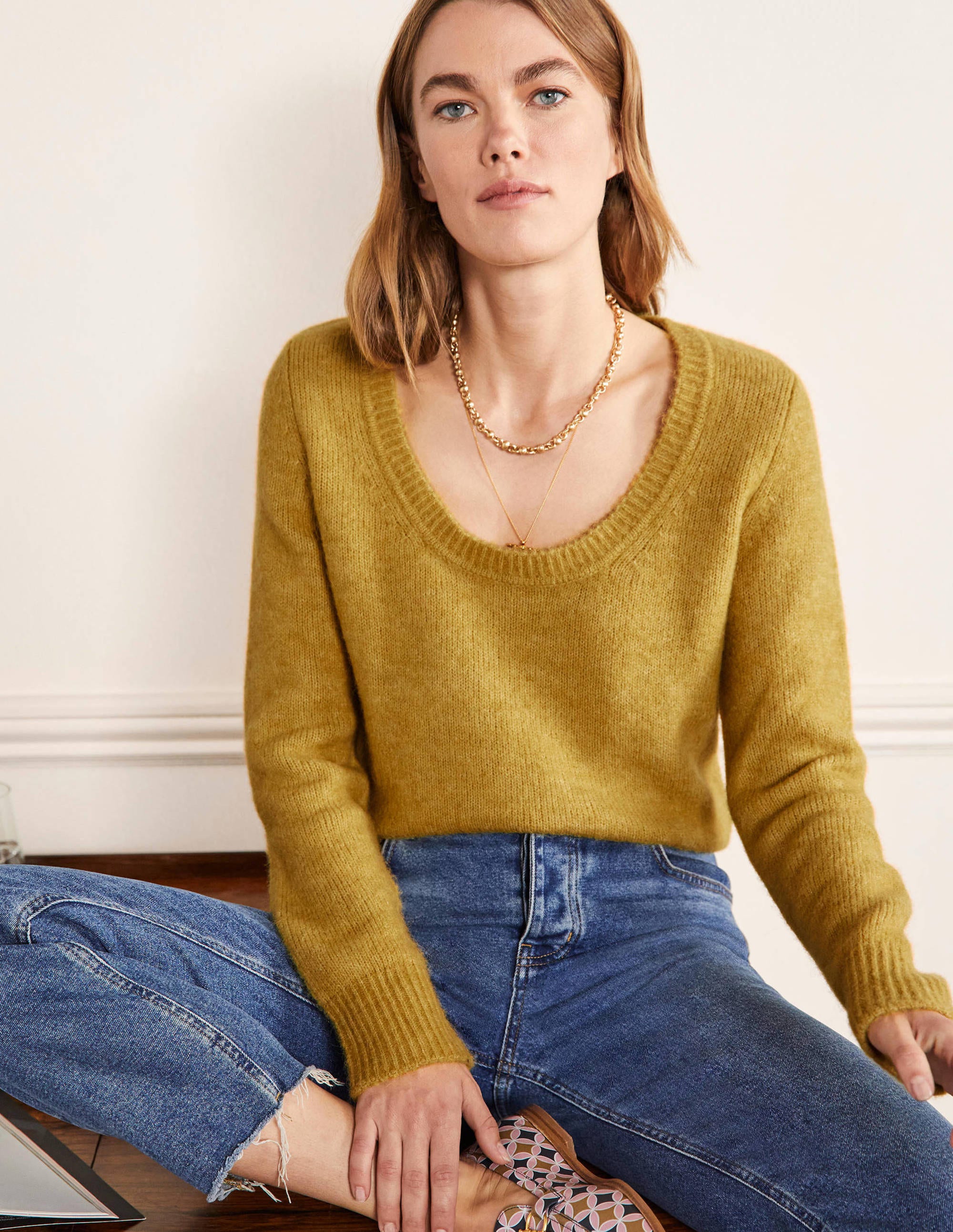 Scoop Neck Fluffy Jumper-Olive Oil - Image 1