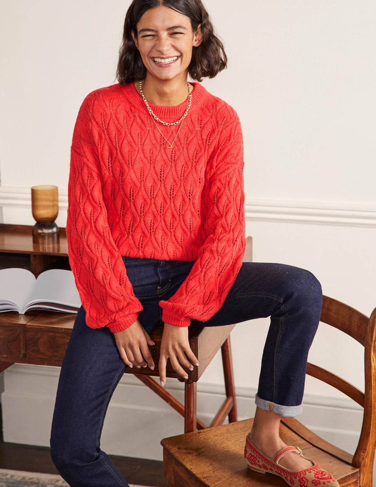 Pointelle Fluffy Jumper-Bright Coral-4