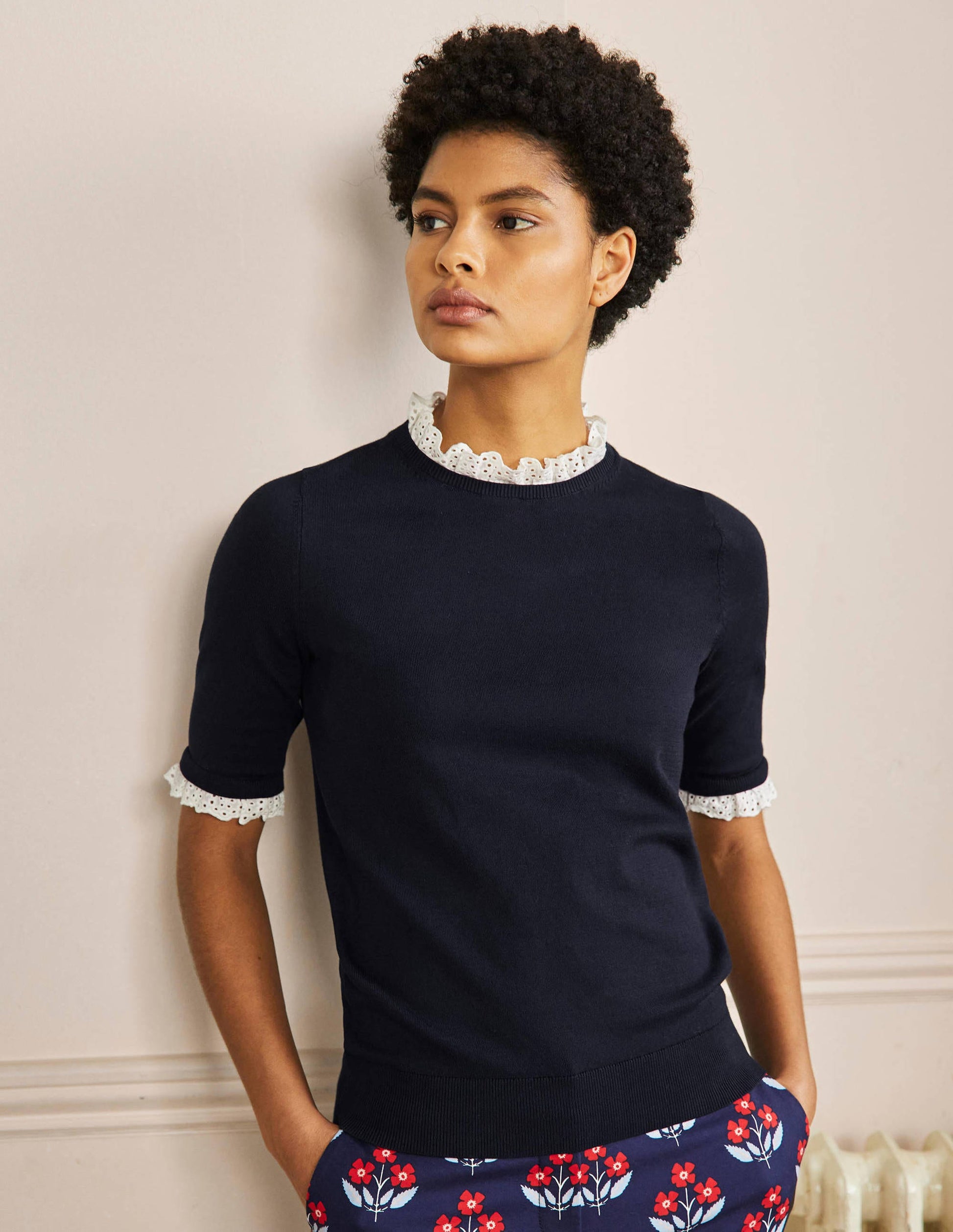 Woven Mix Knitted T-Shirt-Navy-1