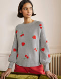 Embroidered Blouson Jumper-Silver Melange, Berries