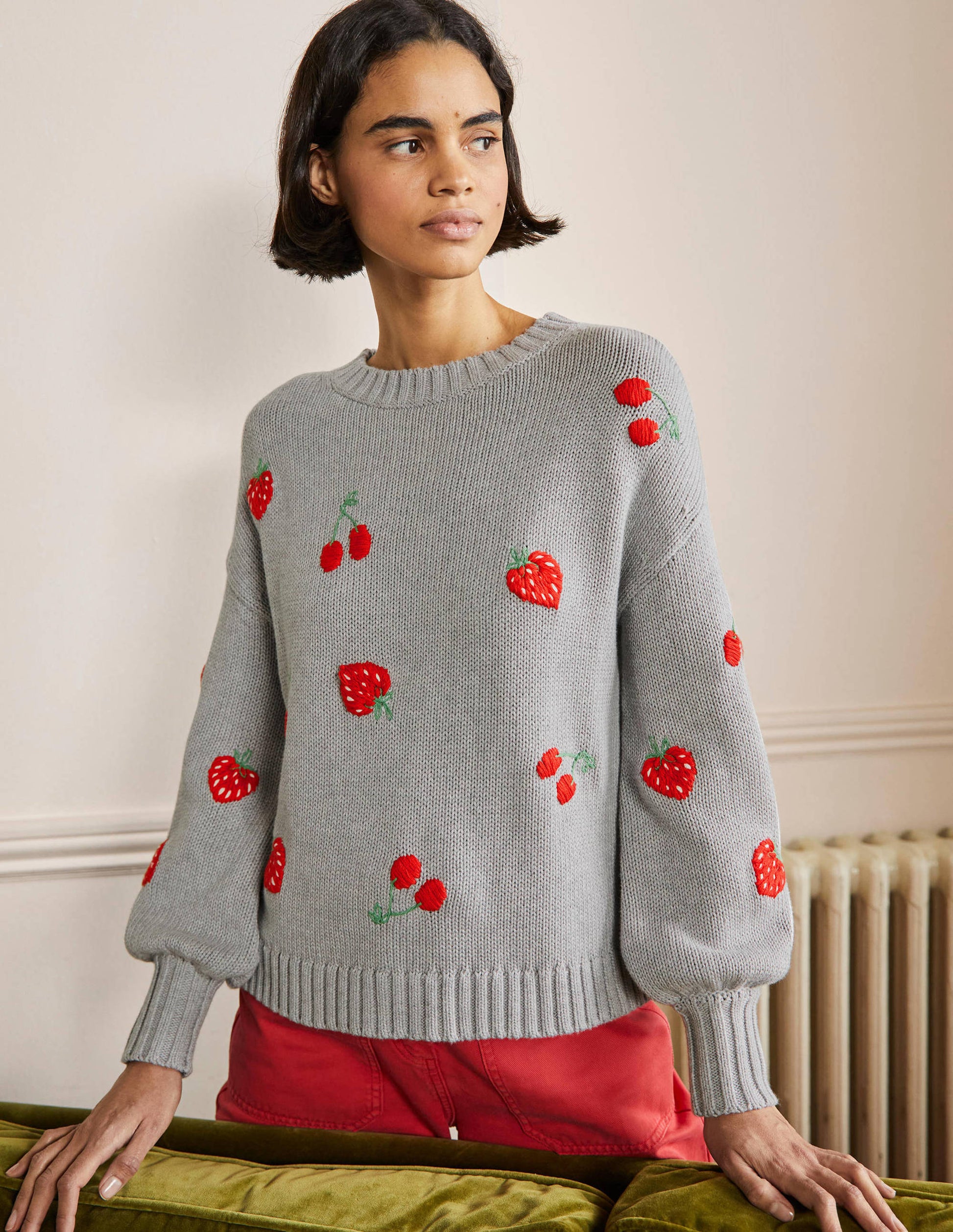 Embroidered Blouson Jumper-Silver Melange, Berries-1