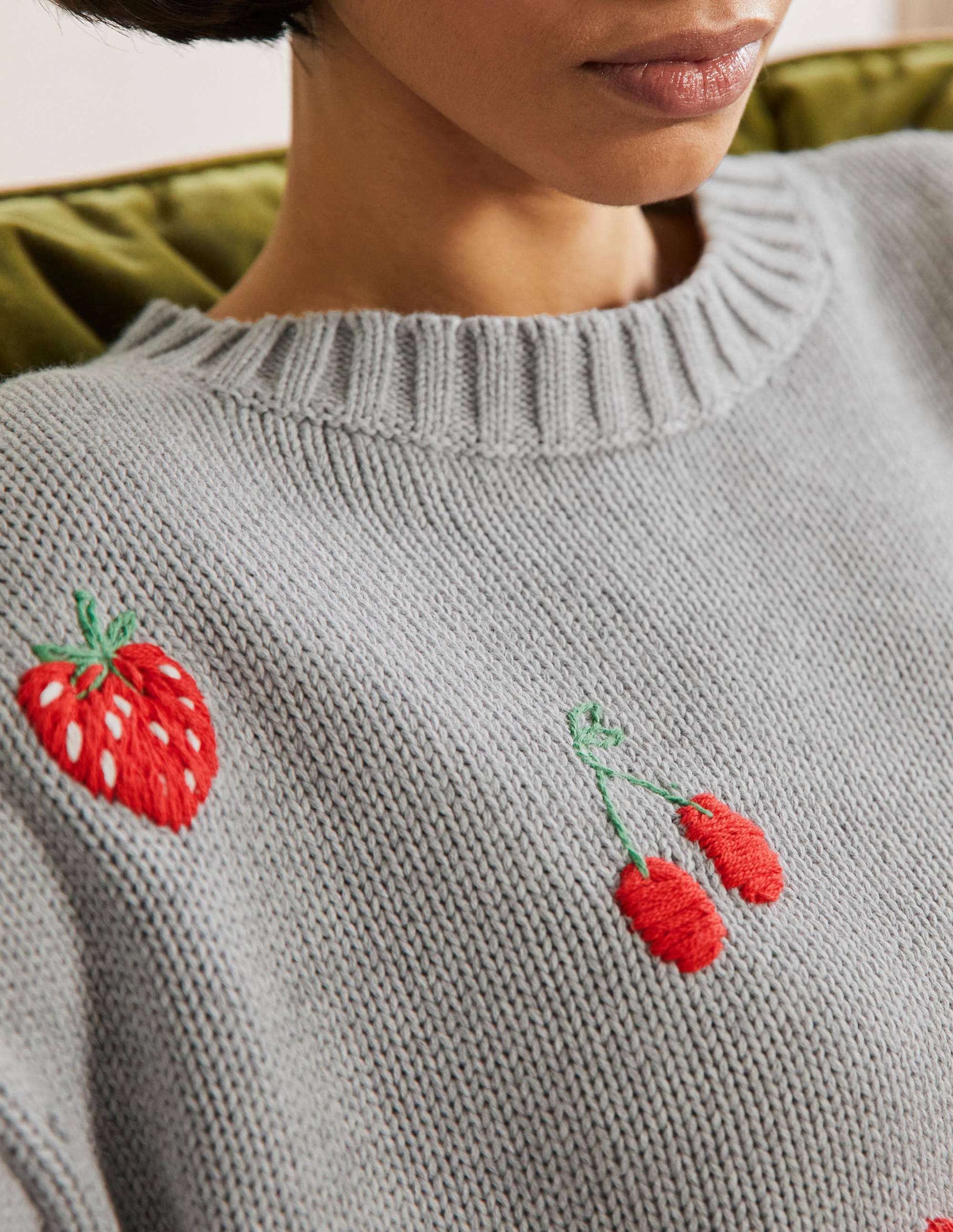 Embroidered Blouson Jumper-Silver Melange, Berries - Image 2