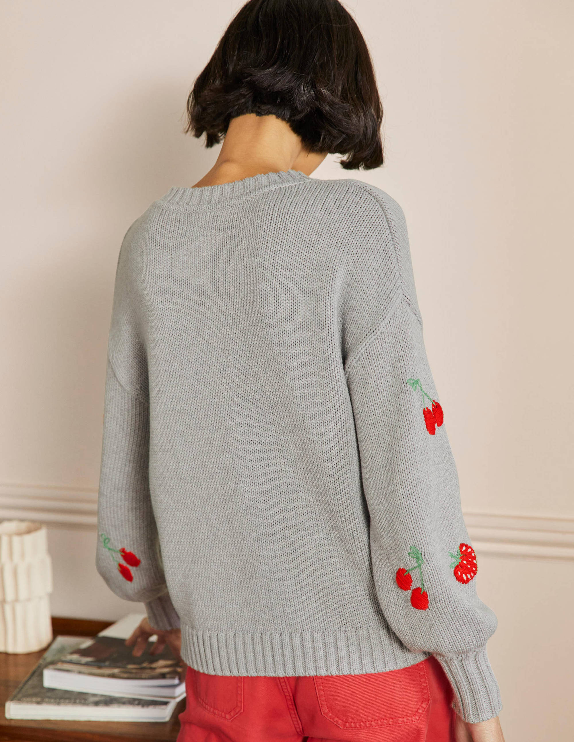 Embroidered Blouson Jumper-Silver Melange, Berries - Image 3