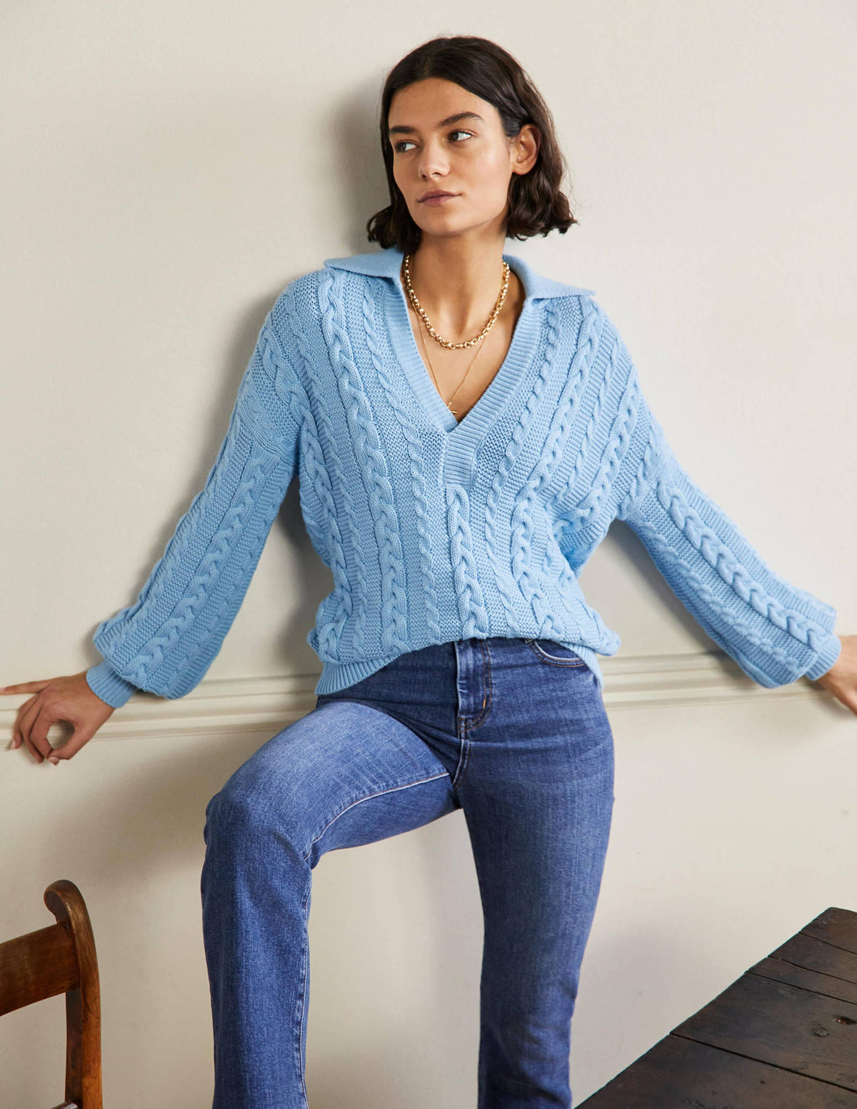 Cable Knit Henley Jumper-Grape Hyacinth-1