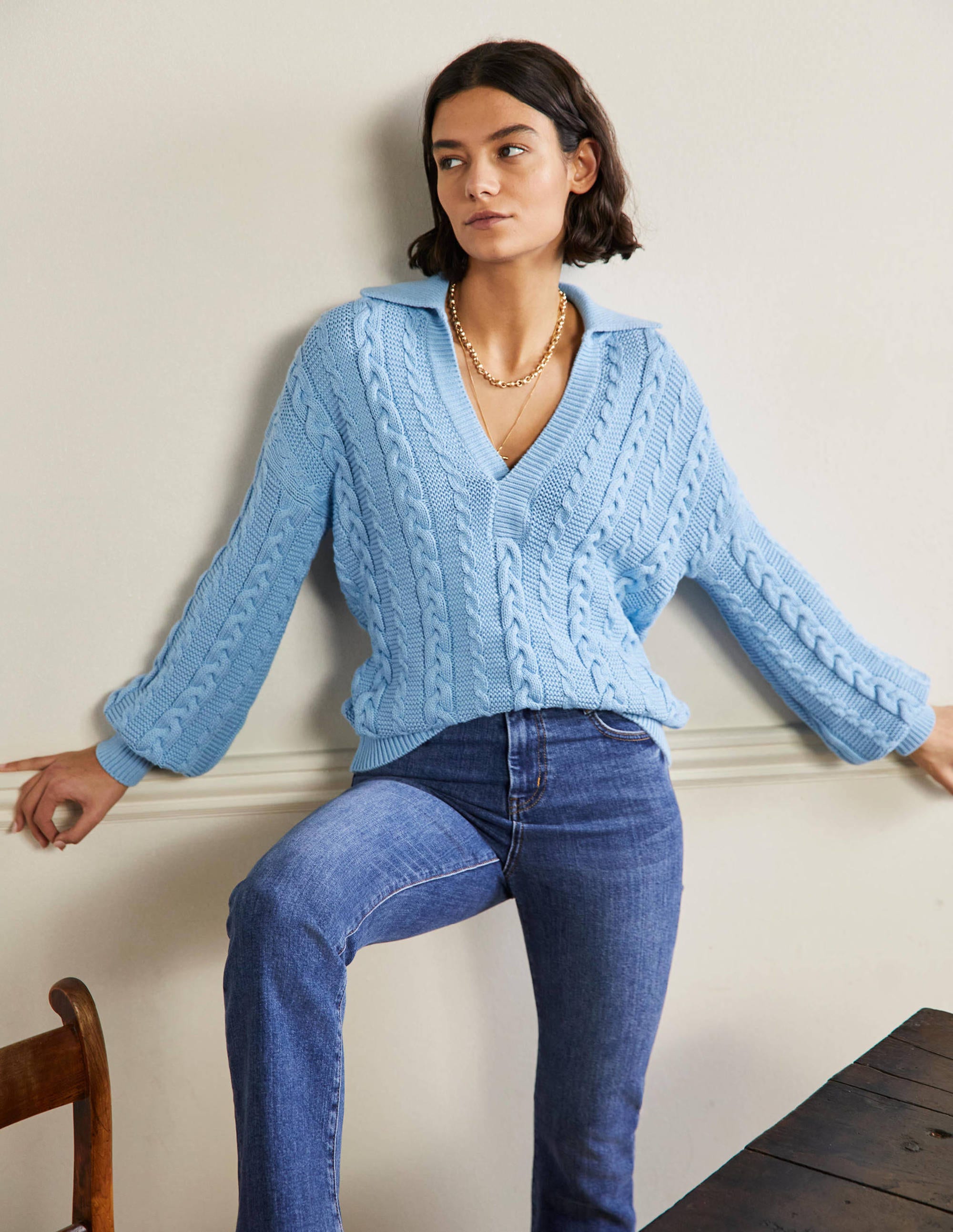 Cable Knit Henley Jumper-Grape Hyacinth - Image 1