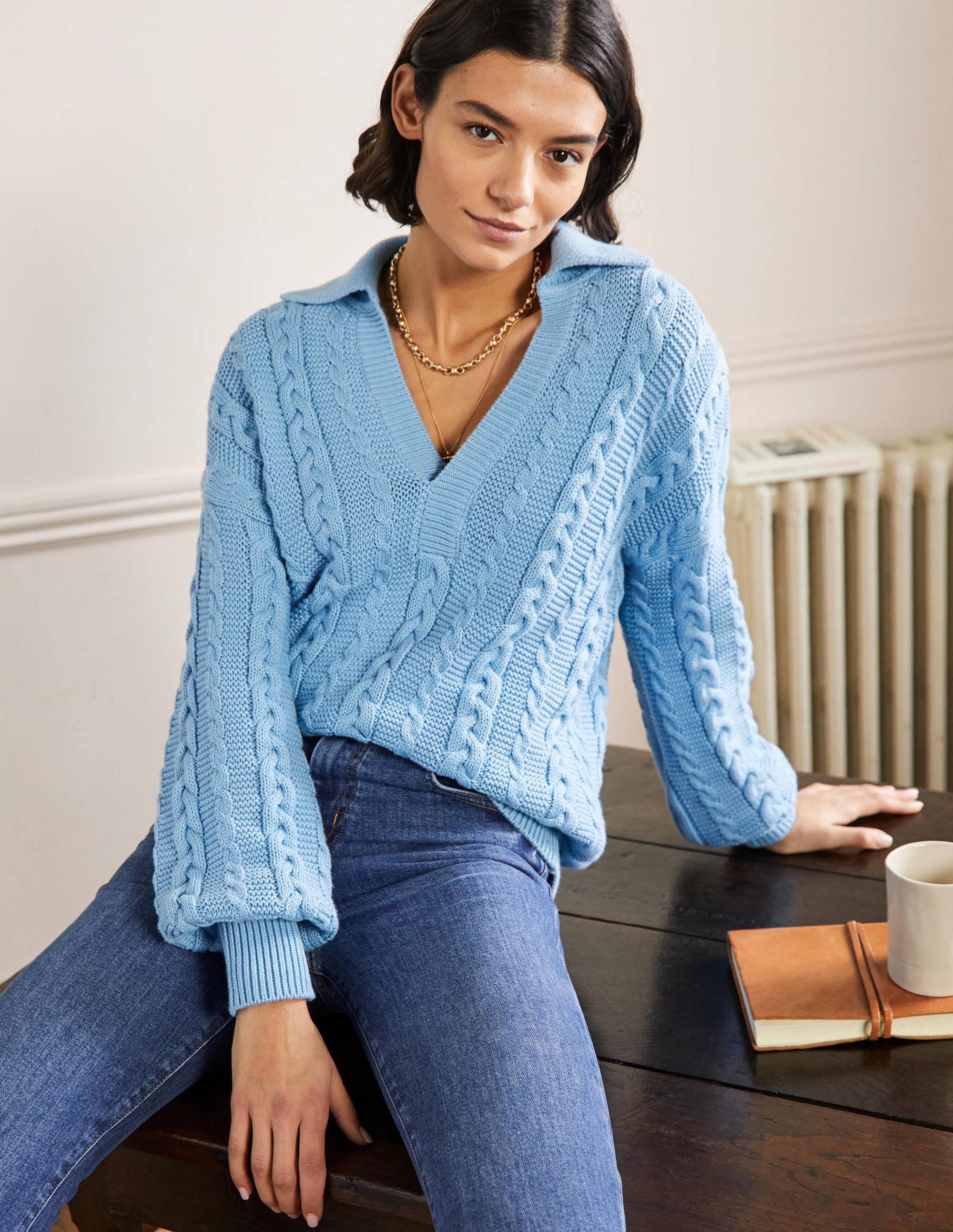 Cable Knit Henley Jumper-Grape Hyacinth - Image 4