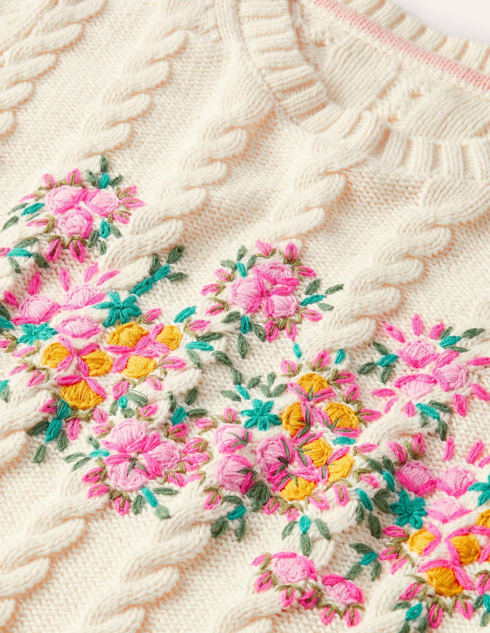 Embroidered Cable Knit Jumper-Ivory/Floral Embroidery-5