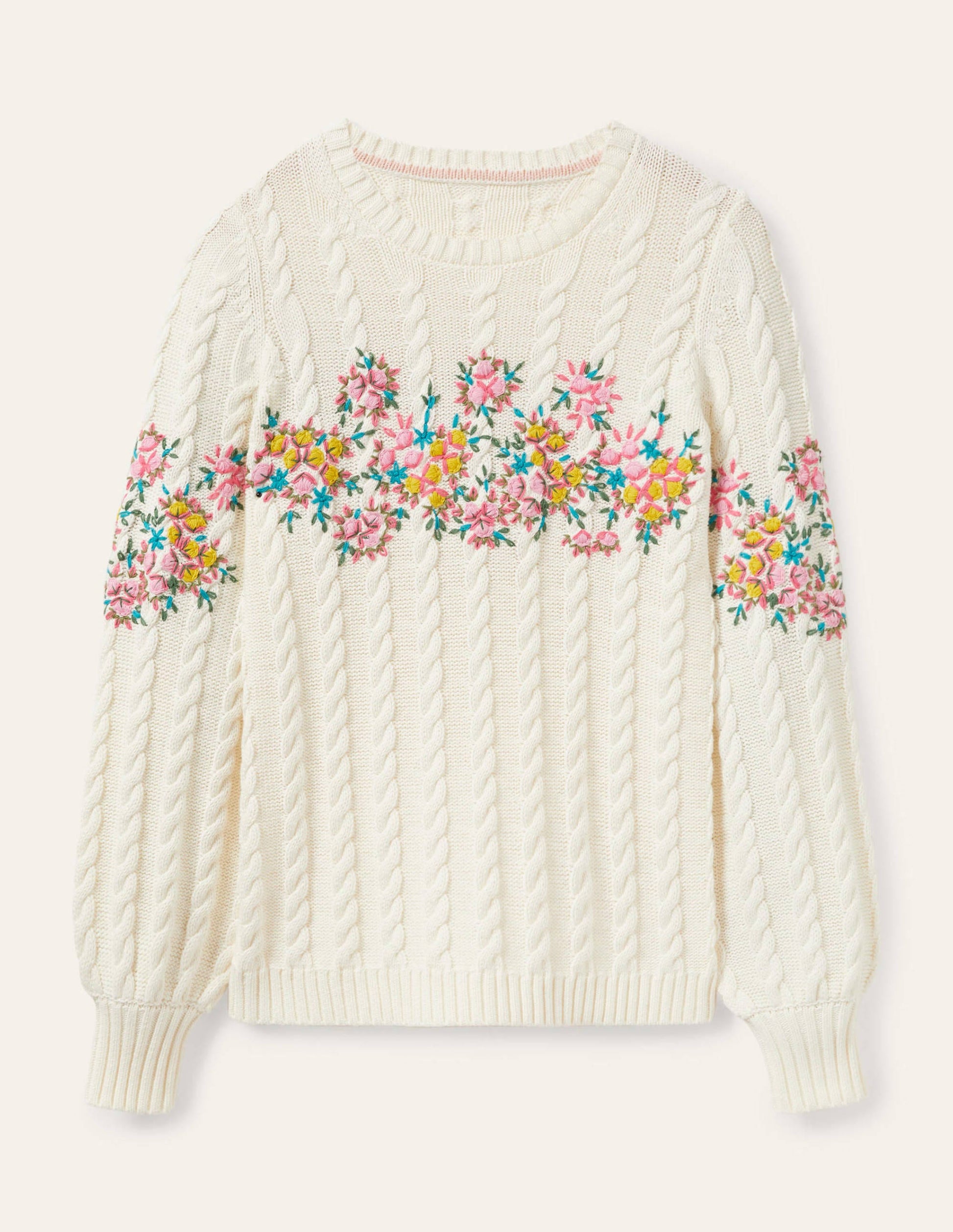 Embroidered Cable Knit Jumper-Ivory/Floral Embroidery-6
