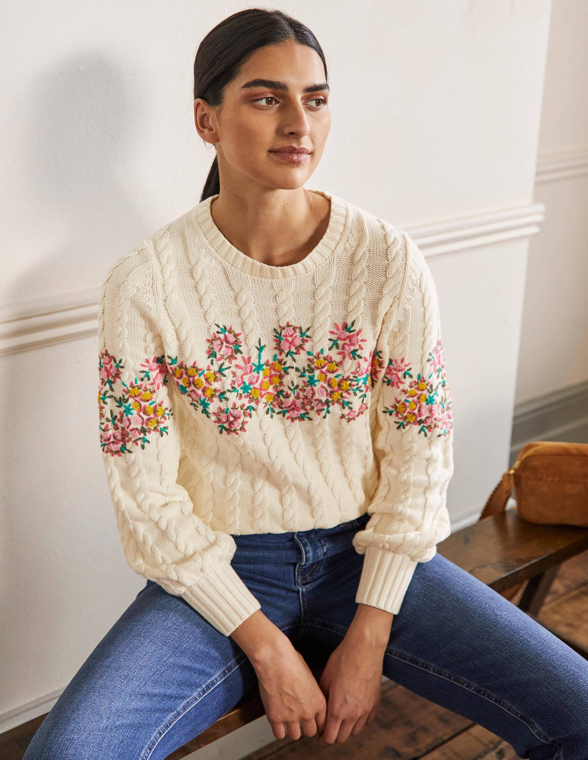 Embroidered Cable Knit Jumper-Ivory/Floral Embroidery-1