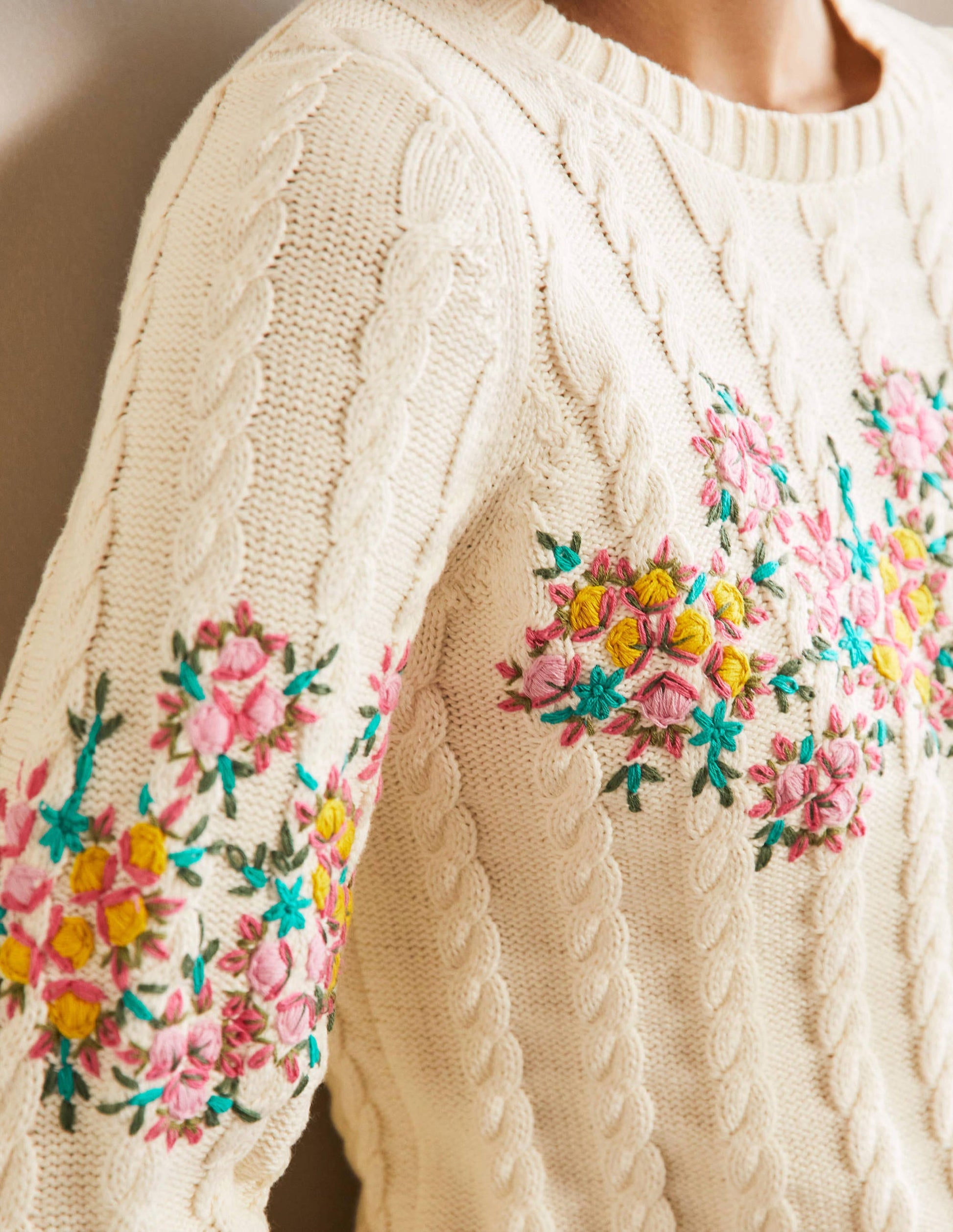 Embroidered Cable Knit Jumper-Ivory/Floral Embroidery-2