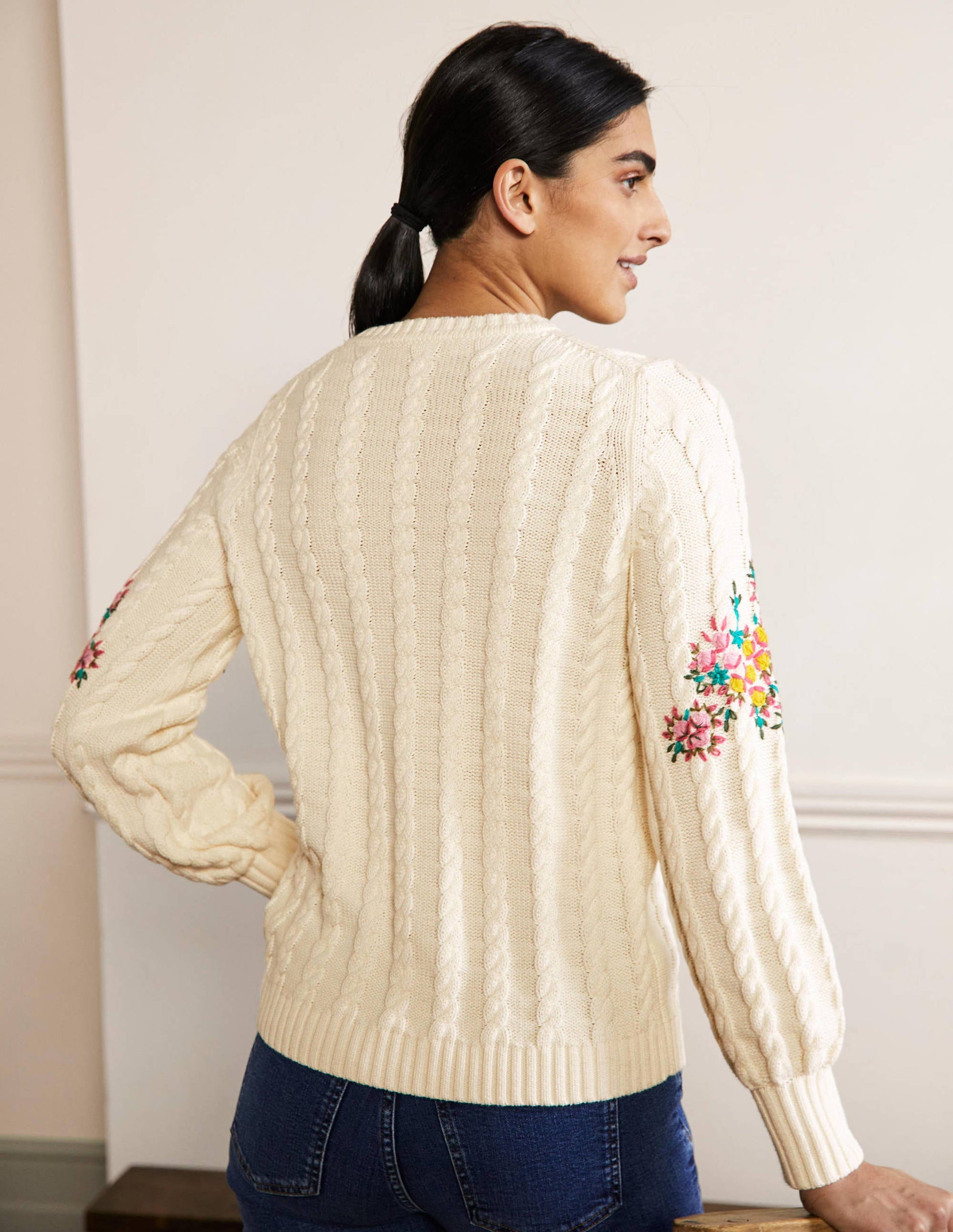 Embroidered Cable Knit Jumper-Ivory/Floral Embroidery-3
