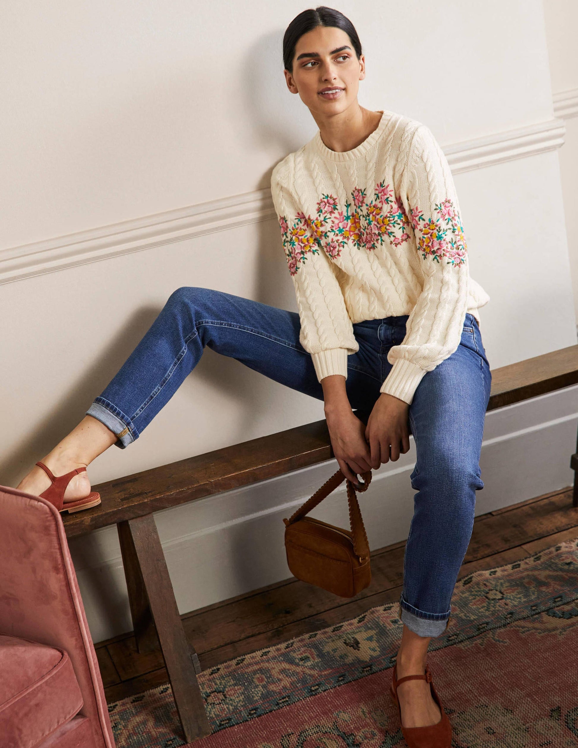 Embroidered Cable Knit Jumper-Ivory/Floral Embroidery-4