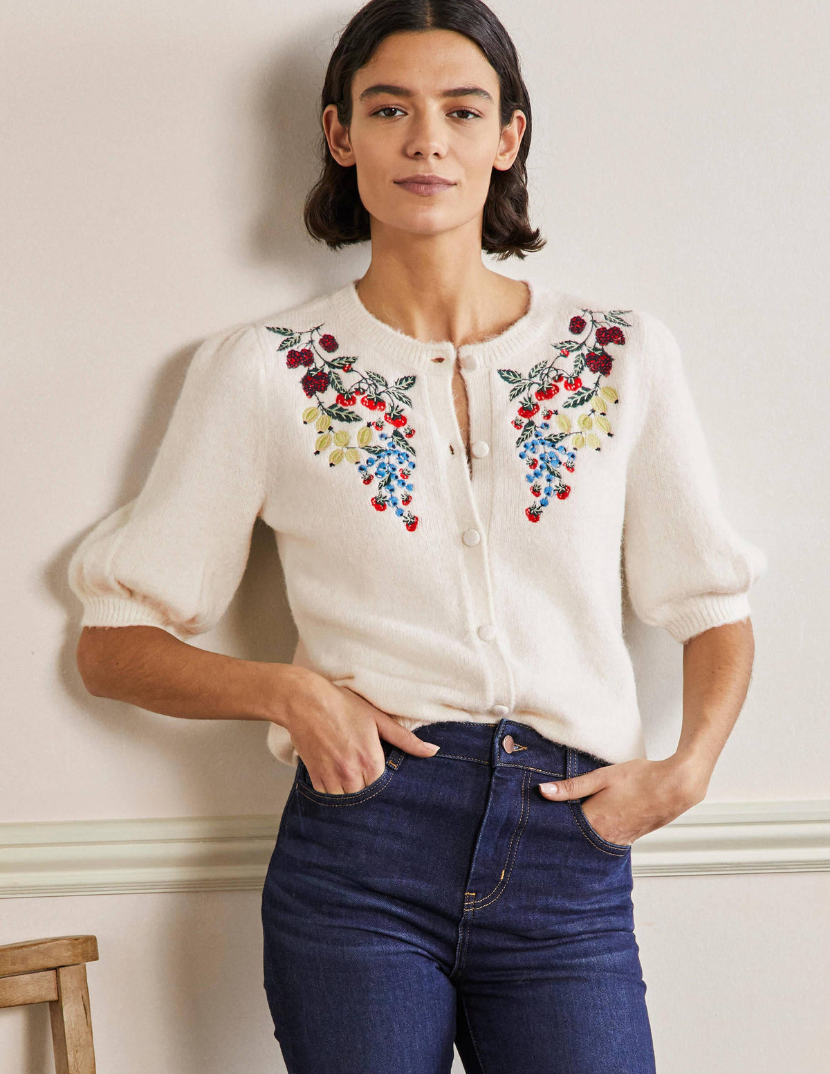 Embroidered Fluffy Cardigan-Ivory, Embroidery - Image 1