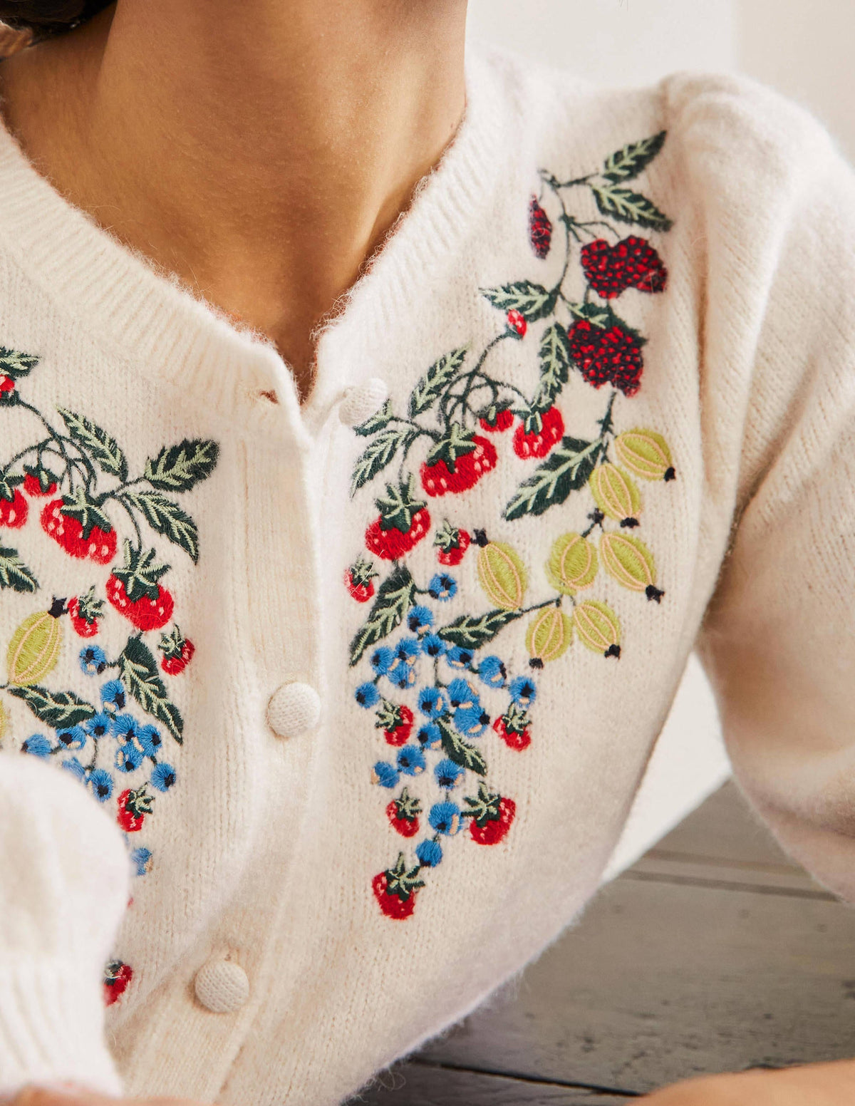 Embroidered Fluffy Cardigan-Ivory, Embroidery - Image 2